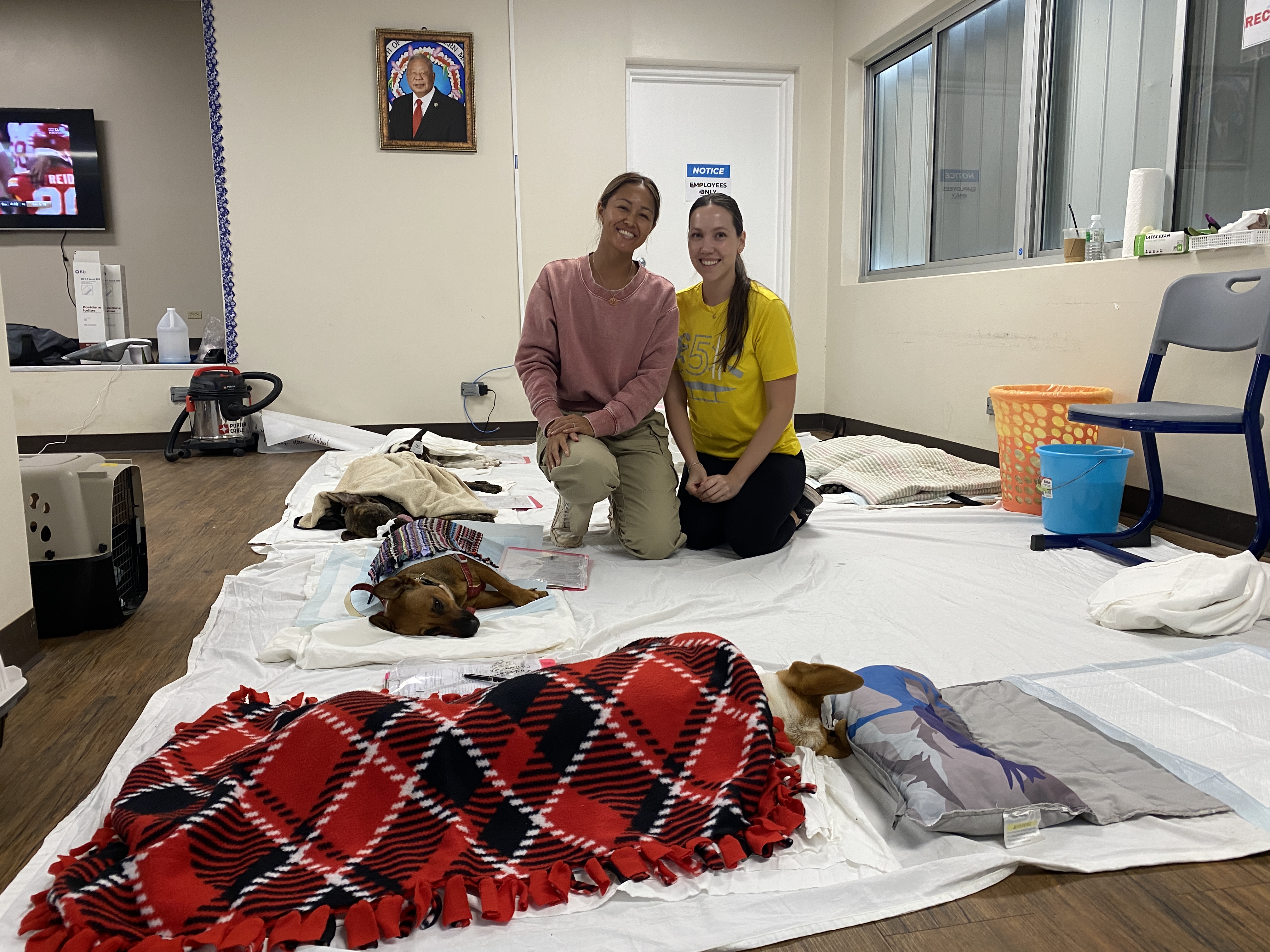 Ashley Pangelinan, left, and Lei Tenorio, volunteer at the ongoing clinic. They help keep an eye on the animals whose sedative wears off.