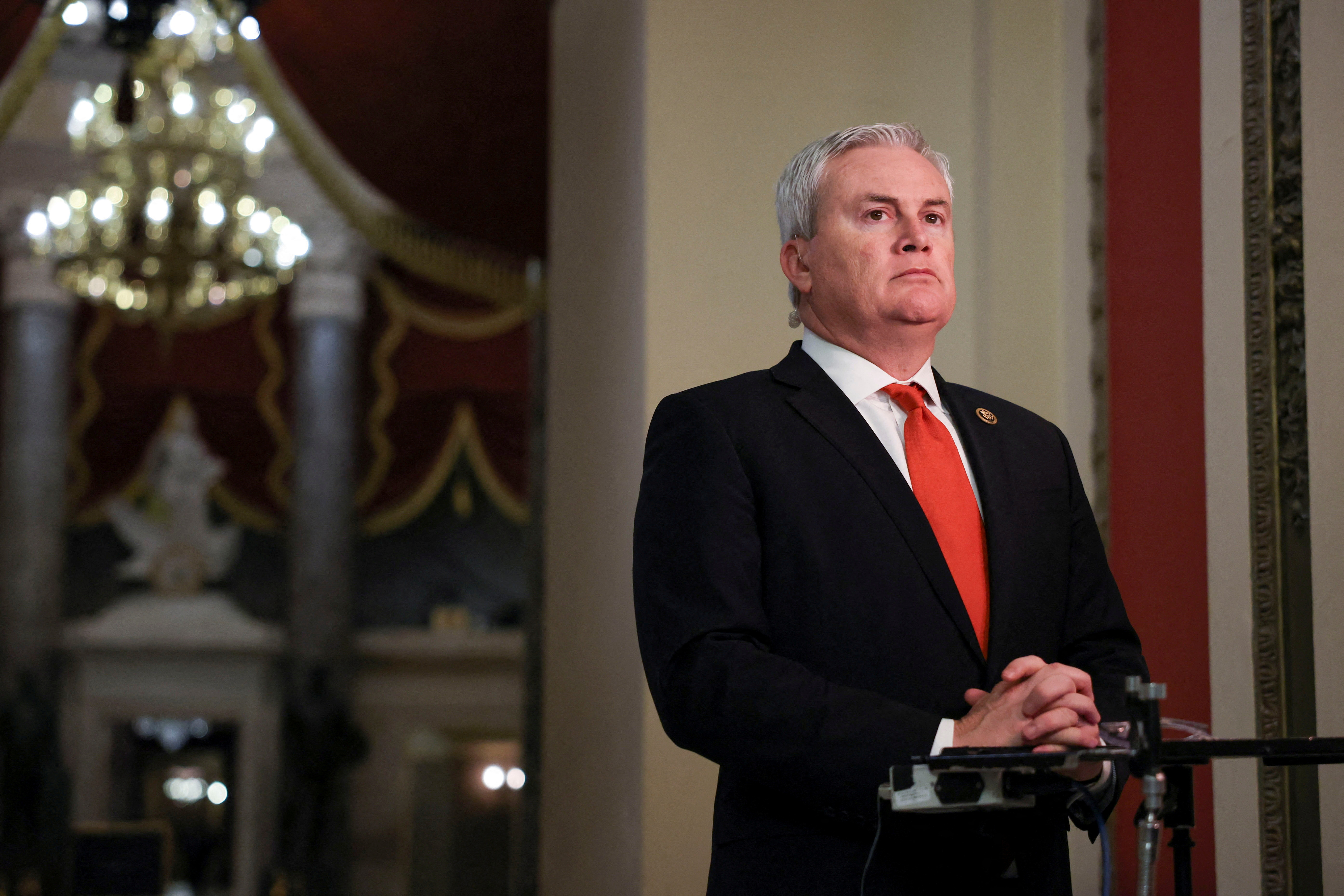 Rep. James Comer (R-KY) prepares for a television interview at the Capitol, as the U.S. House of Representatives on Thursday approved a stopgap bill to fund the federal government through early March and avert a partial government shutdown, sending it to President Joe Biden for final approval, in Washington, U.S., January 18, 2024. 