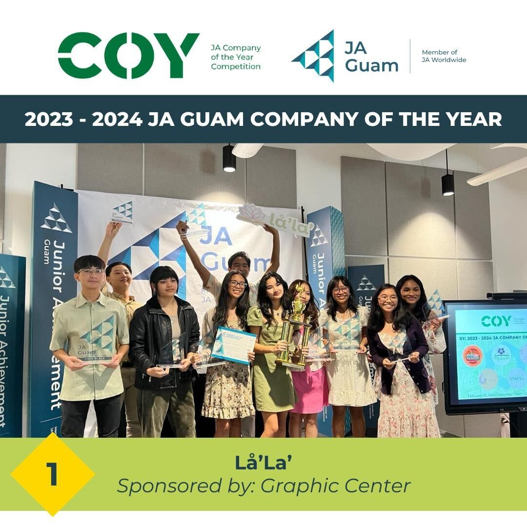From left: Matthew Camacho, Sean Lee, Alexis Cruz, Camillah Mariano, Evan Cepeda, Aelah Frianeza, Hanna Reyes, Grenzyll Dela Cruz, Ha’ani Castro and Kaeani Cruz of Team la’la,  the Guam Company of the Year for 2023-2024.