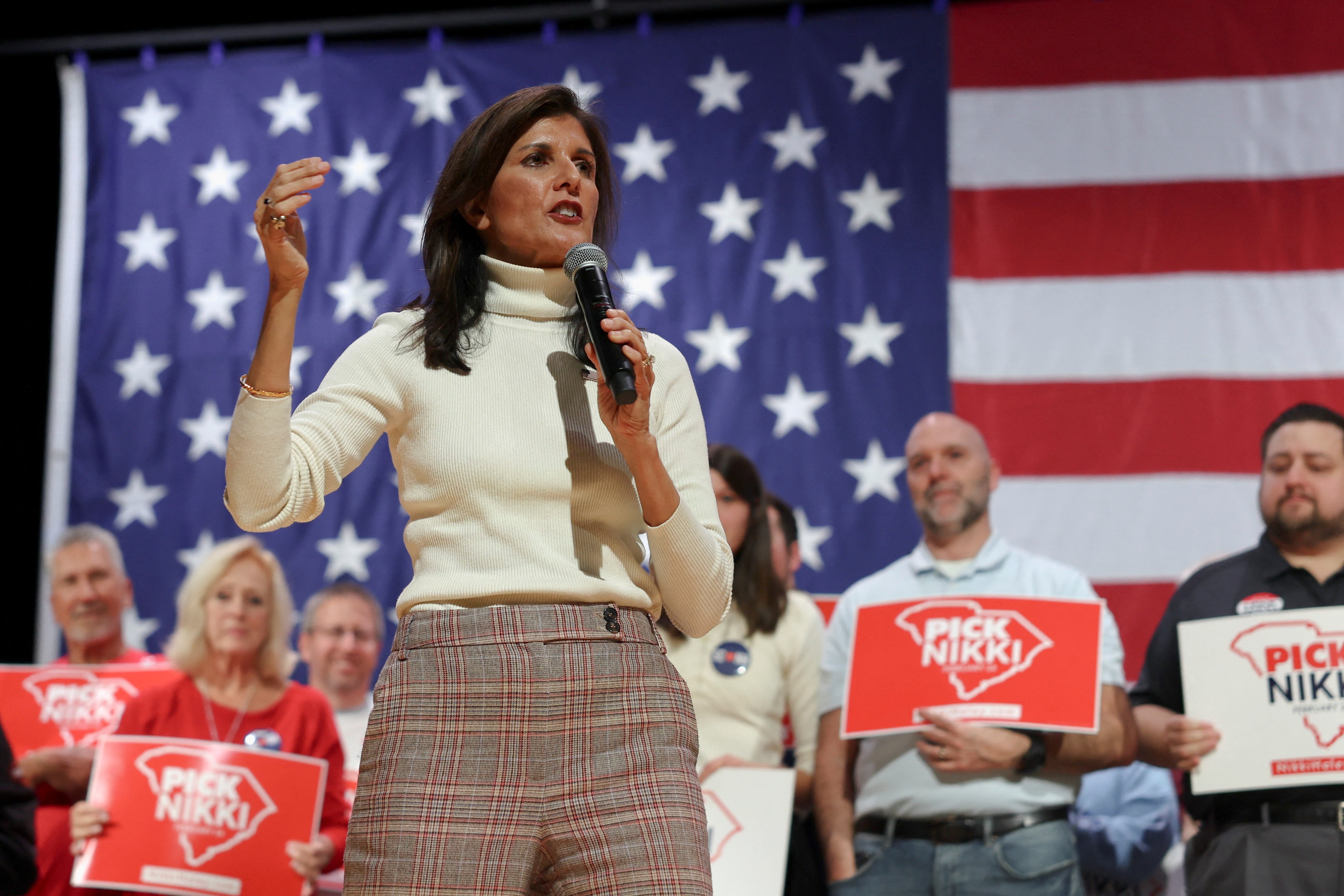 Republican presidential candidate and former U.S. Ambassador to the United Nations Nikki Haley speaks while attending a campaign event at Indian Land High School's auditorium in Lancaster, South Carolina, U.S. February 2, 2024. 