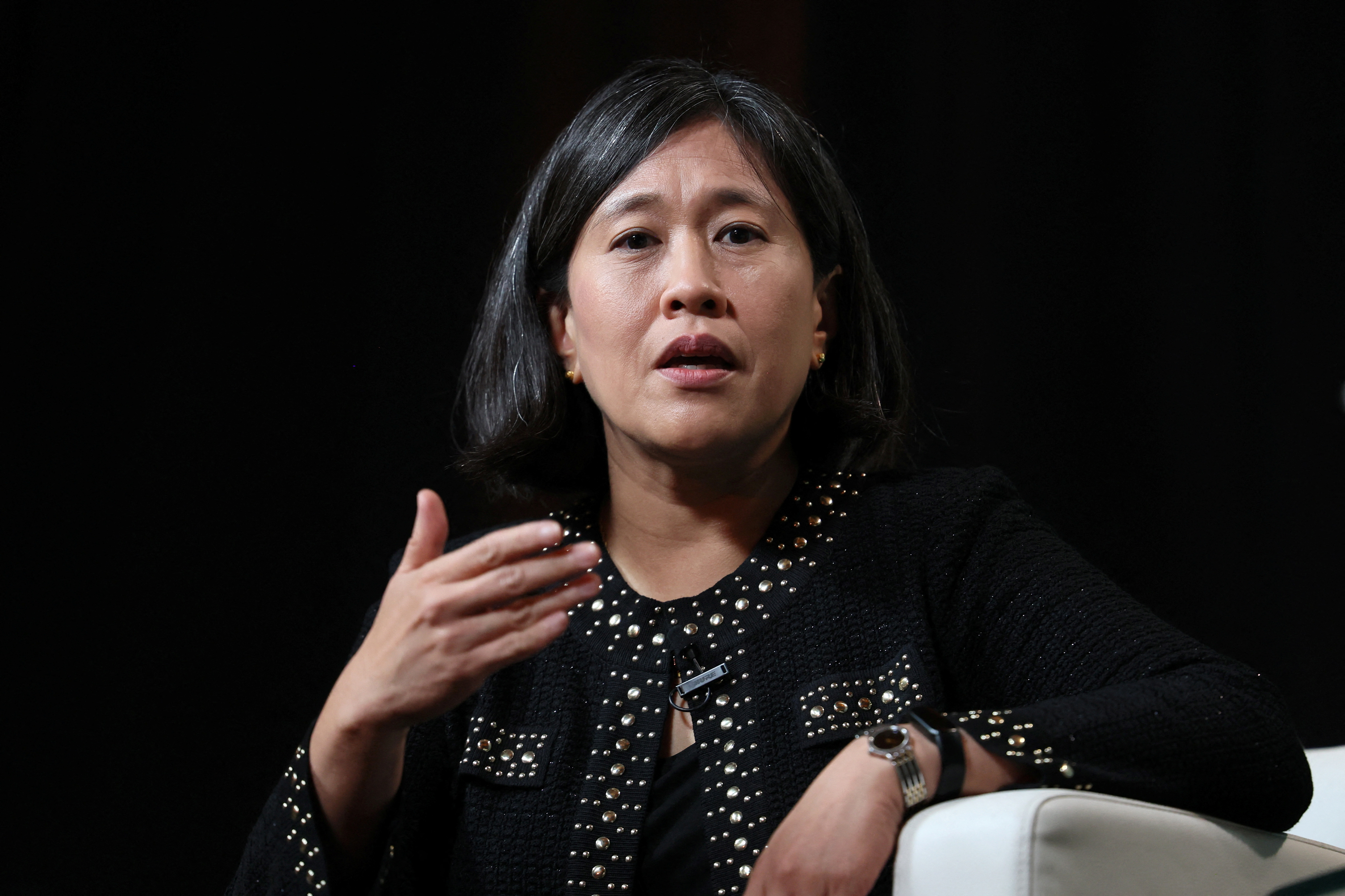 U.S. Trade Representative Katherine Tai speaks during the Axios BFD event in New York City, U.S., October 12, 2023. 