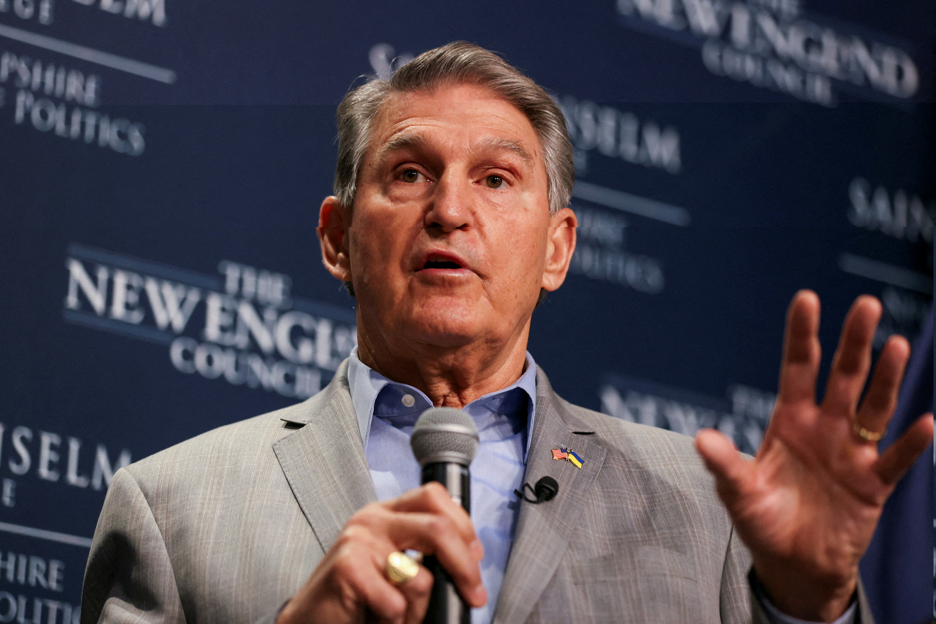 Americans Together founder and U.S. Senator Joe Manchin (D-WV) speaks at The New Hampshire Institute of Politics at Saint Anselm College in Manchester, New Hampshire, U.S., January 12, 2024. 