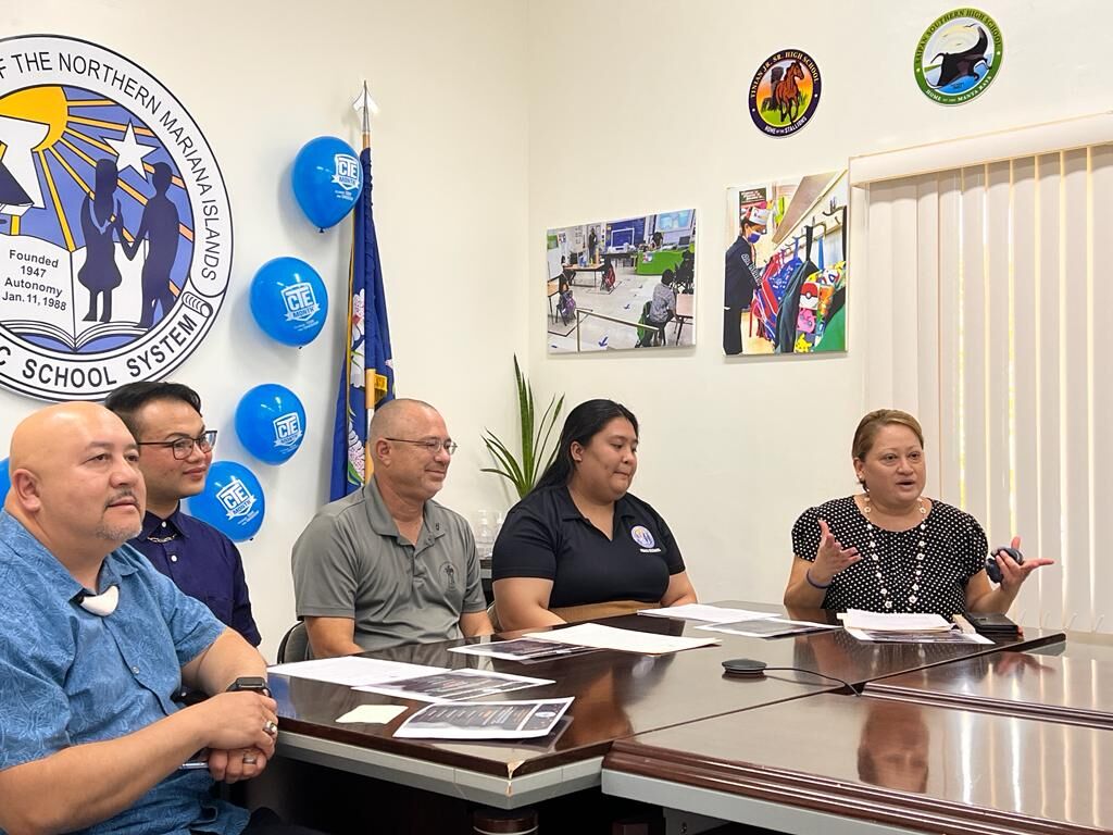 From left, Commissioner of Education Dr. Lawrence Camacho, Saipan Southern High School registrar Samuel David Santos, Board of Education Secretary/Treasurer Greg Borja, Mia Carreon of PSS’ Human Resources Office, and Dr. Jessica Taylor, Career and Technical Education program director.  