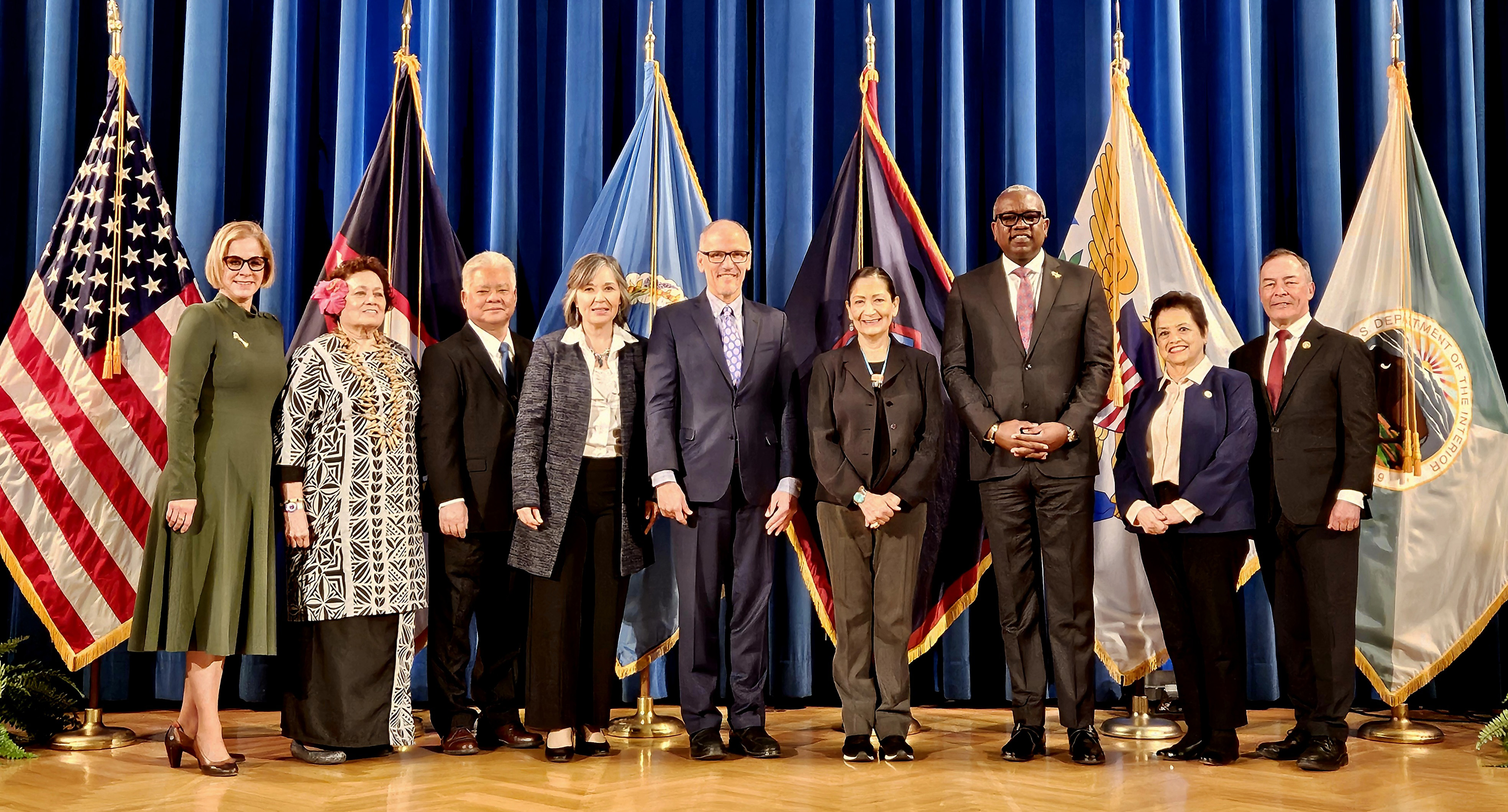 Along with the nation’s other governors, CNMI Gov. Arnold I. Palacios is in Washington D.C. this week for the 2024 senior plenary meeting of the Interagency Group on Insular Areas organized by the U.S. Department of Interior - Office of Insular Affairs. Speaking to an audience composed of representatives from various federal agencies, Governor Palacios talked about ongoing and new projects and activities in the CNMI that need urgent federal responses. From left, Director for Puerto Rico and the Territories in the White House Office of Intergovernmental Affairs Gretchen Sierra-Zorita, U.S. Congresswoman Aumua Amata Coleman Radewagen of American Samoa, Governor  Palacios, Assistant Interior Secretary for Insular and International Affairs Carmen G. Cantor, Senior Advisor and Assistant to the President and Director of the Office of Intergovernmental Affairs Tom Perez, U.S. Secretary of the Interior Deb Haaland, U.S. Virgin Islands Gov. Albert Bryan Jr., Guam Gov. Lou Leon Guerrero, and U.S. Congressman James Moylan of Guam. 