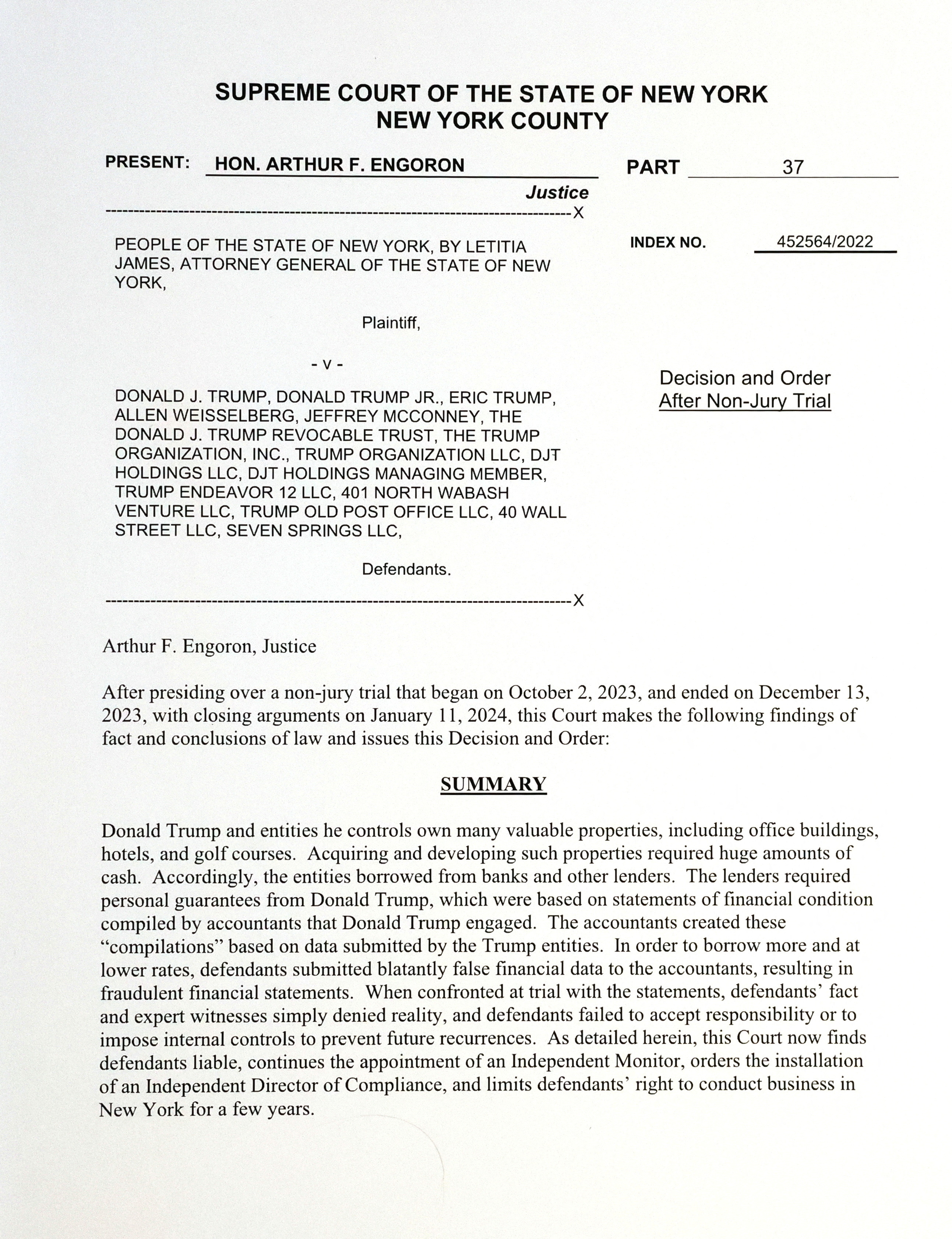 A printed page from Judge Arthur Engoron’s ruling against former U.S. President Donald Trump ordering him to pay $354.9 million and barring him from doing business in New York State for three years, is photographed in New York, U.S., February 16, 2024. 