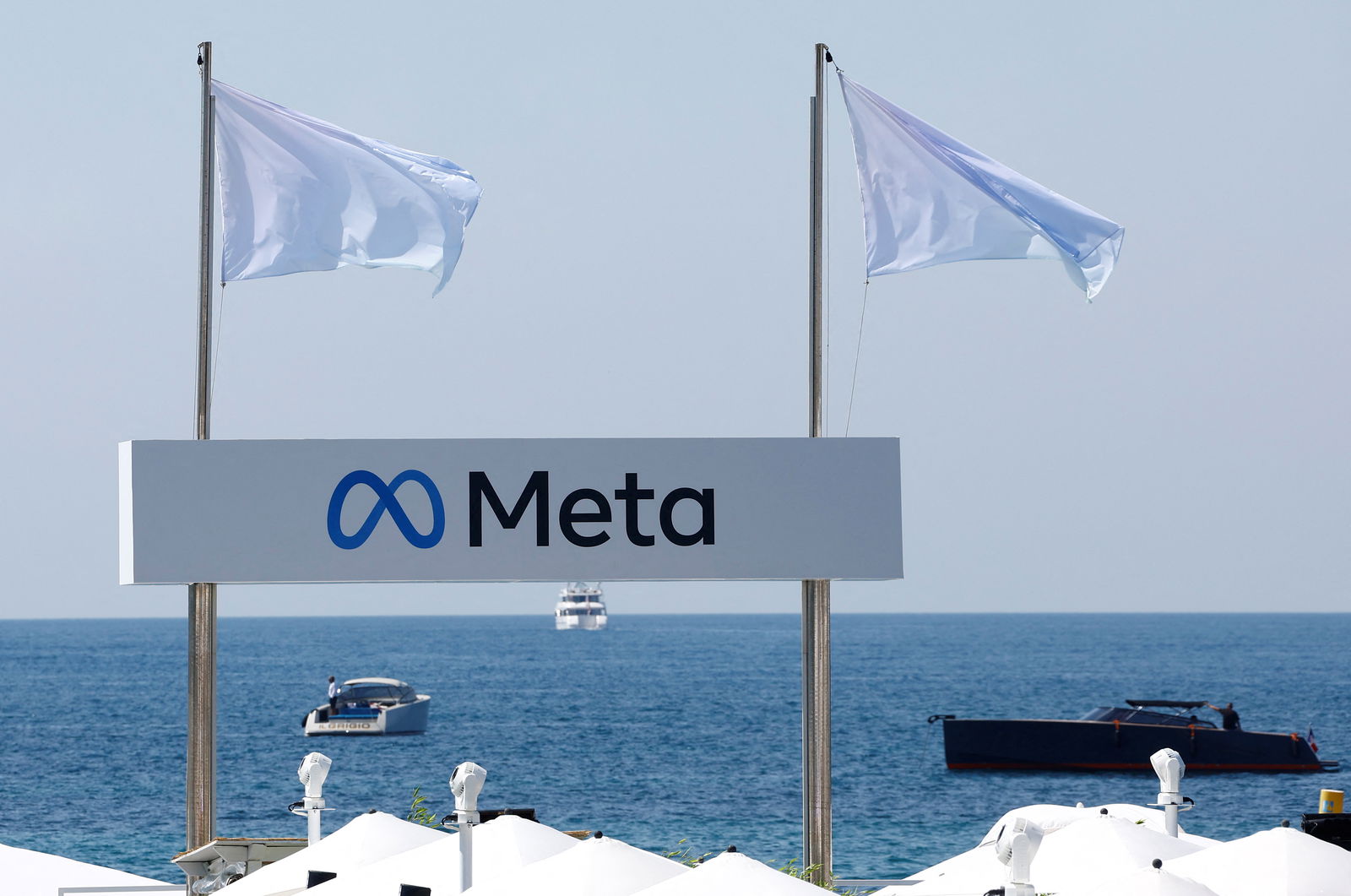 A Meta logo is seen on a beach during the Cannes Lions International Festival of Creativity in Cannes, France, June 19, 2023. 