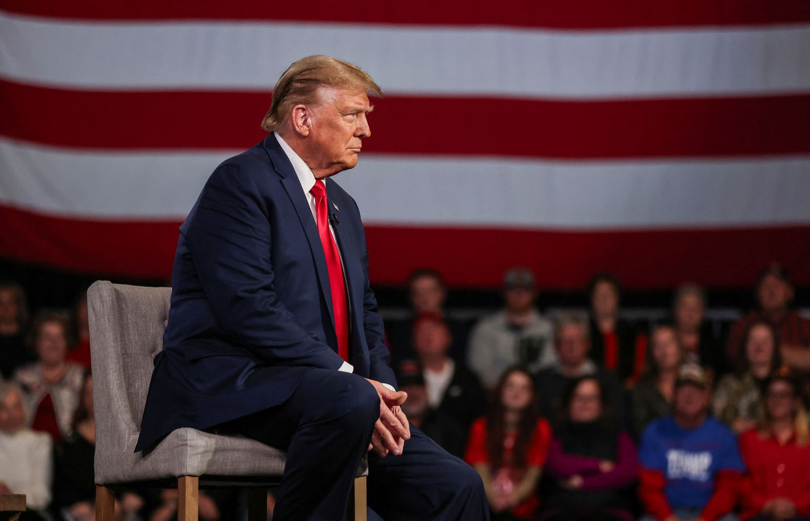 Former U.S. President and Republican presidential candidate Donald Trump participates in a Fox News town hall with Laura Ingraham in Greenville, South Carolina, U.S. February 20, 2024. 
