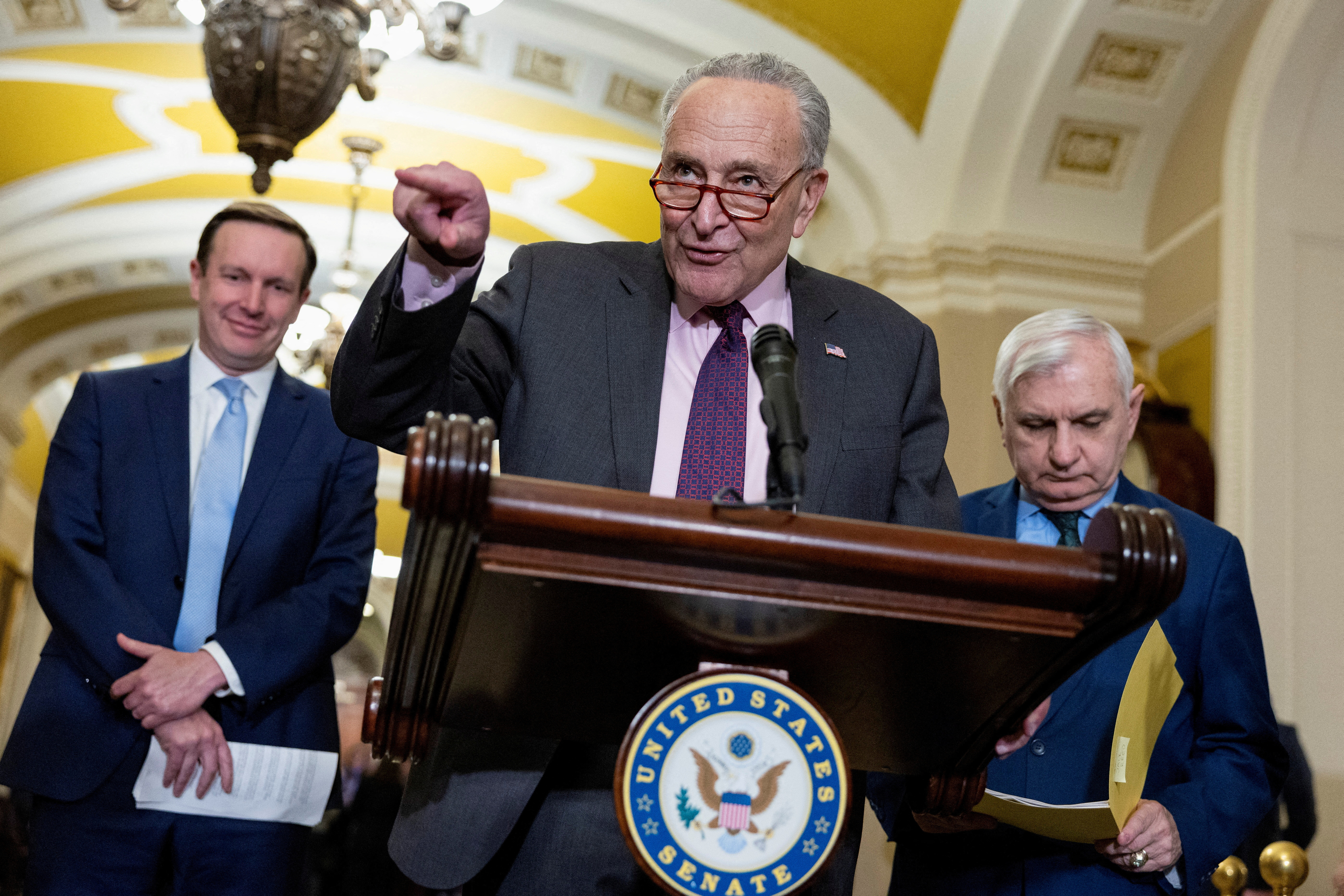 U.S. Senate Majority Leader Chuck Schumer speaks during the weekly Democratic Caucus lunch press conference at the U.S. Capitol building in Washington, U.S., January 23, 2024. 