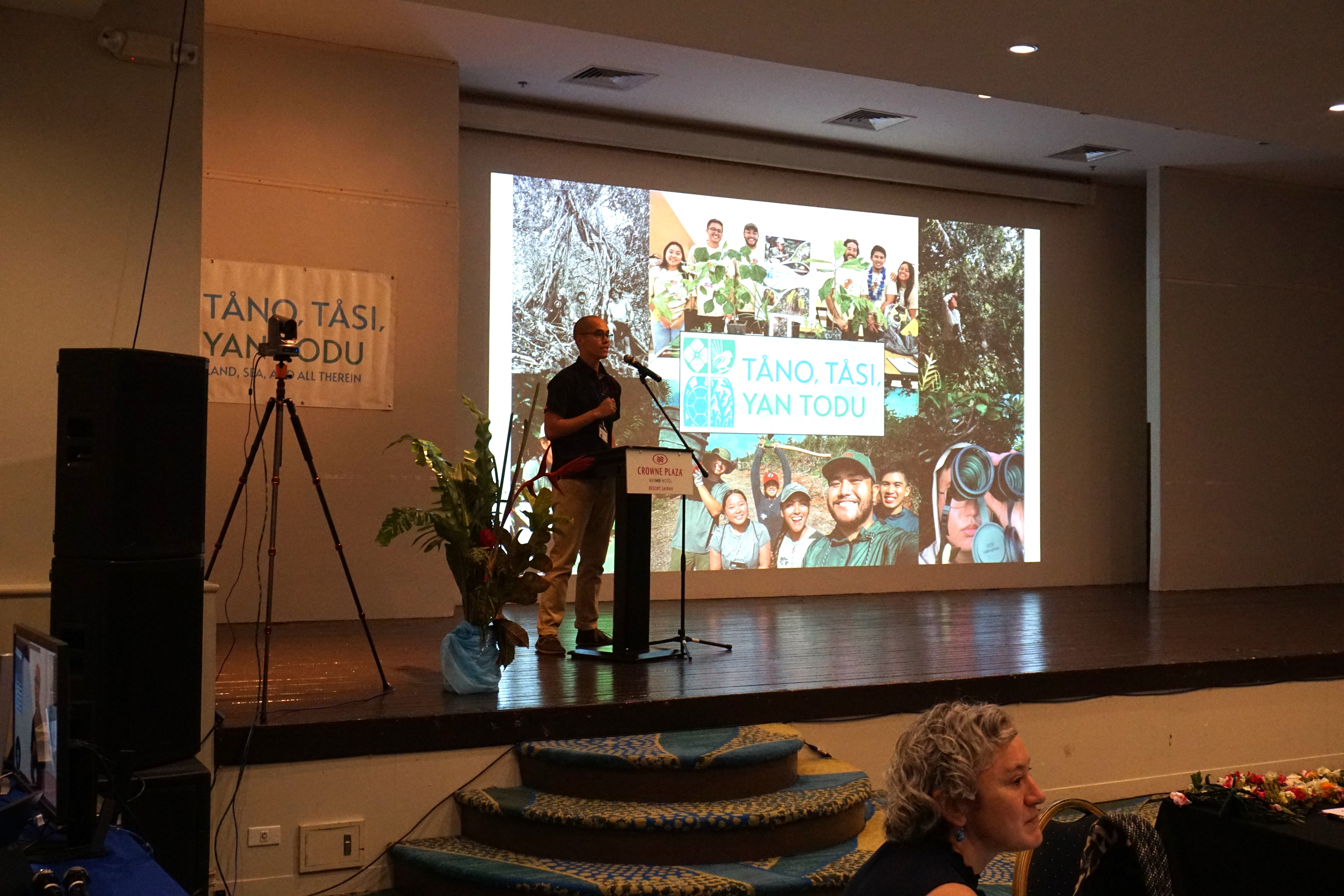 Dr. Steven Johnson, acting president of Tåno, Tåsi, Yan Todu, delivers his remarks during the first day of the Mariana Islands Conservation Conference at the Crowne Plaza Resort Saipan on Monday, Feb. 26, 2024.