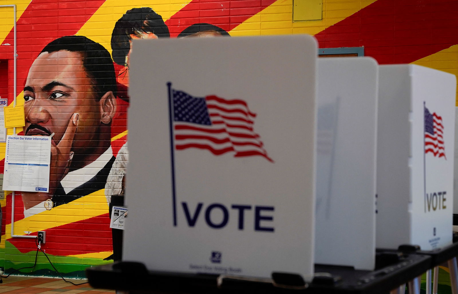 A mural with the image of Martin Luther King Jr. is seen at a voting site as Democrats and Republicans hold their Michigan primary presidential election, in Detroit, Michigan, U.S. February 27, 2024. 