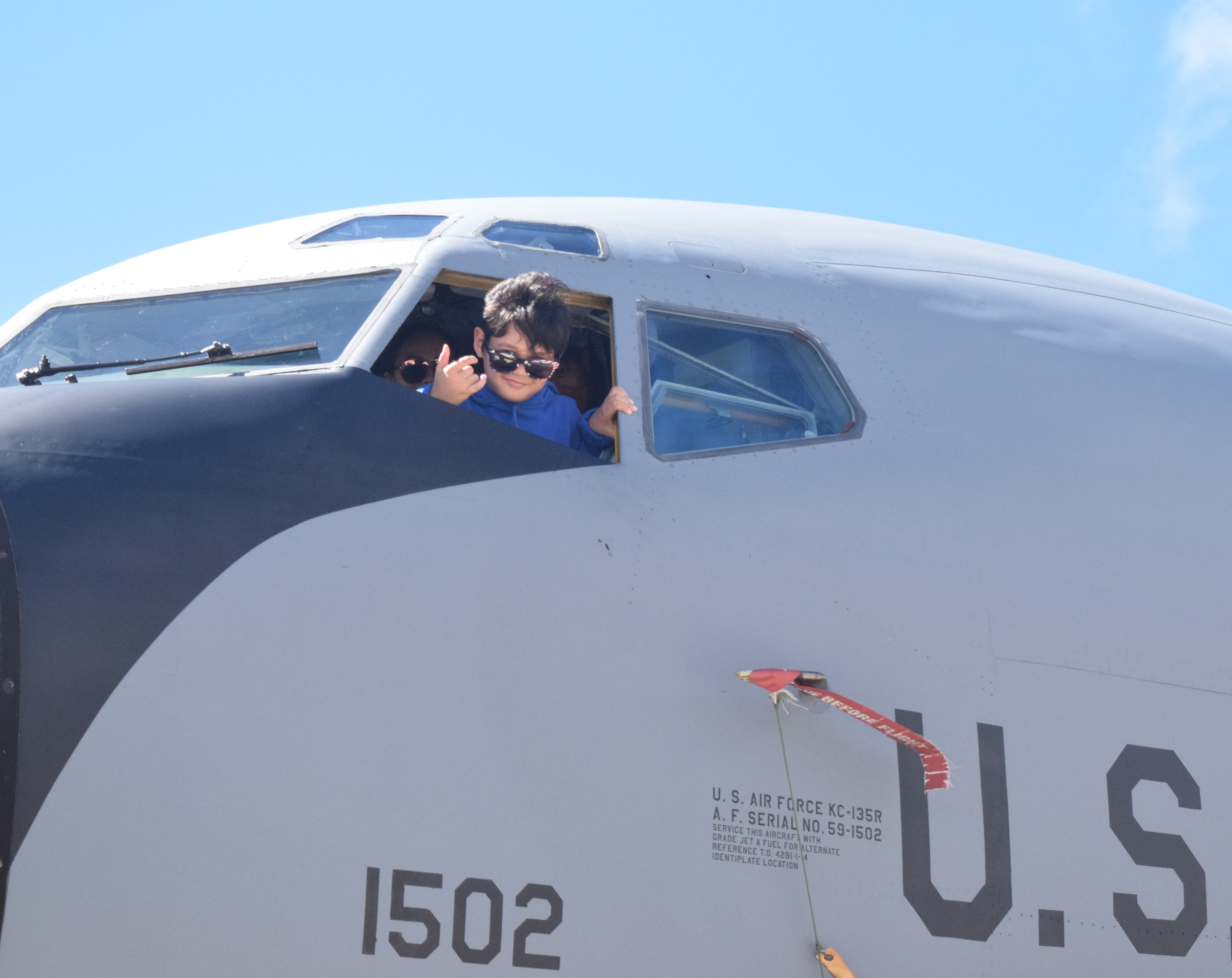 Six-year-old Chance Kapileo in the KC-135's cockpit.