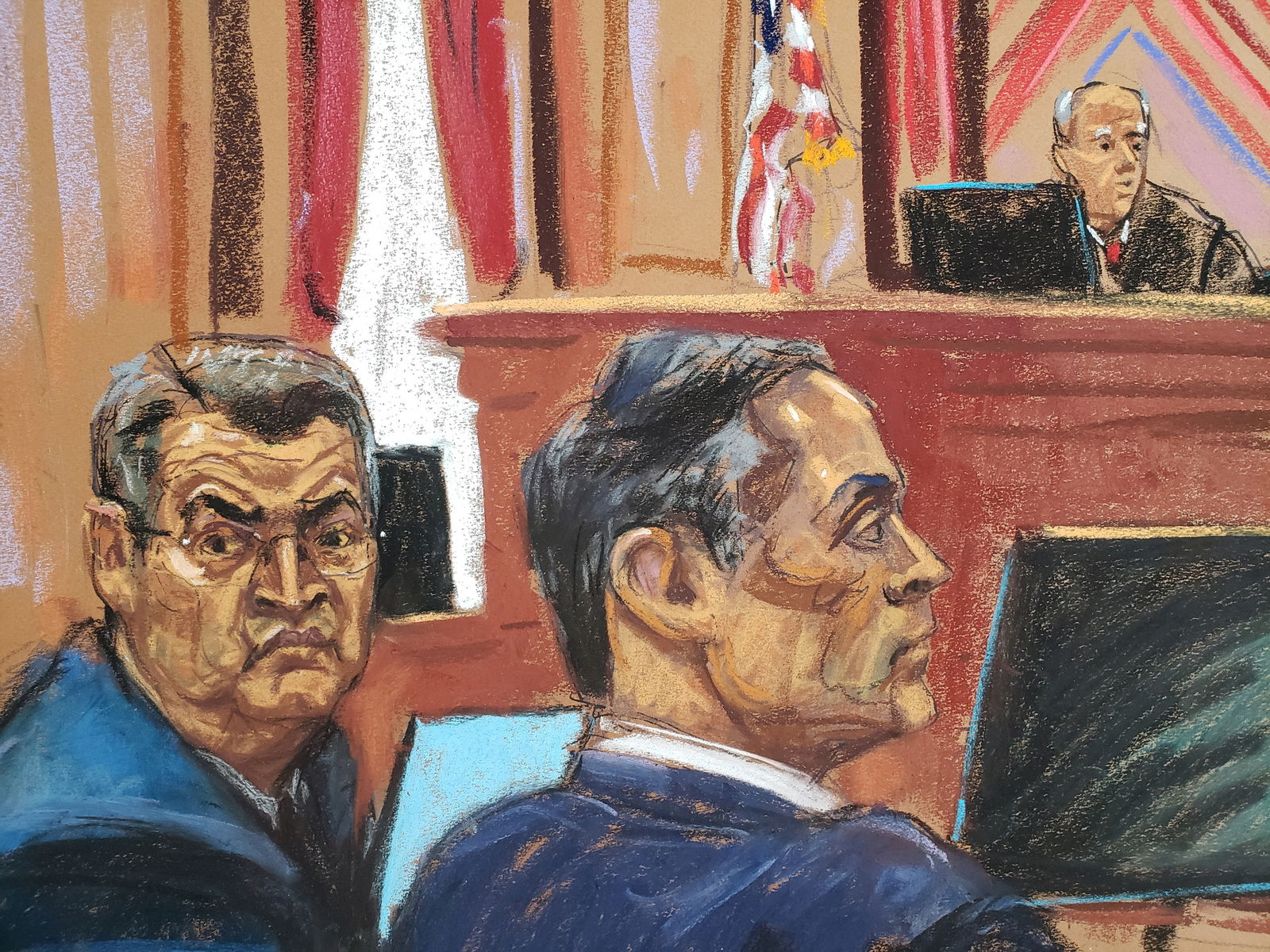 Former Honduras President Juan Orlando Hernandez sits with his attorney Raymond Colon as he attends his trial on U.S. drug trafficking charges before U.S. District Judge Kevin Castel in federal court in the Manhattan borough of New York City, U.S., February 20, 2024 in this courtroom sketch. 