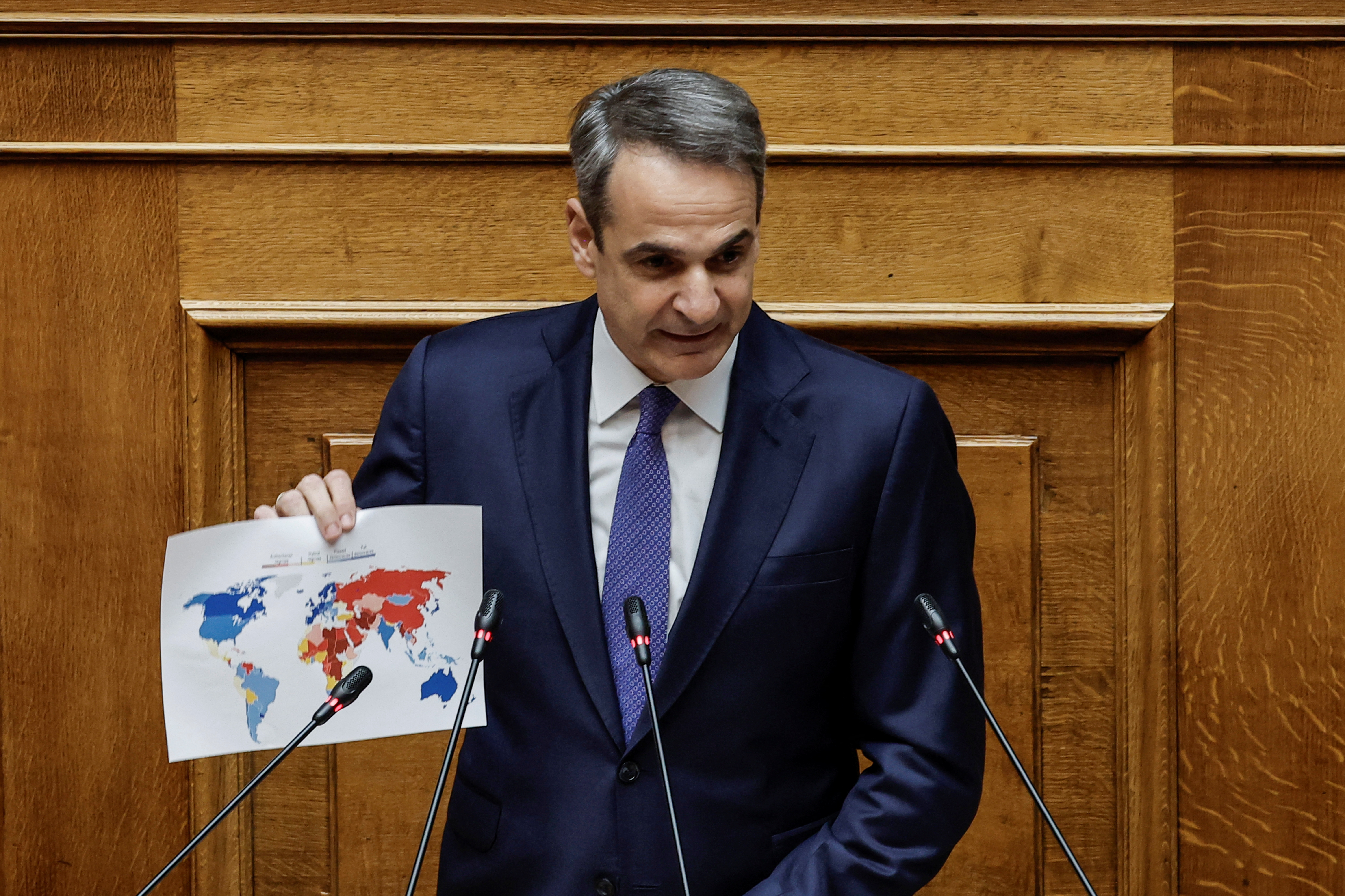 Greek Prime Minister Kyriakos Mitsotakis speaks at the Greek parliament, ahead of a vote on a bill which would legalise same-sex civil marriage, in Athens, Greece, February 15, 2024. 