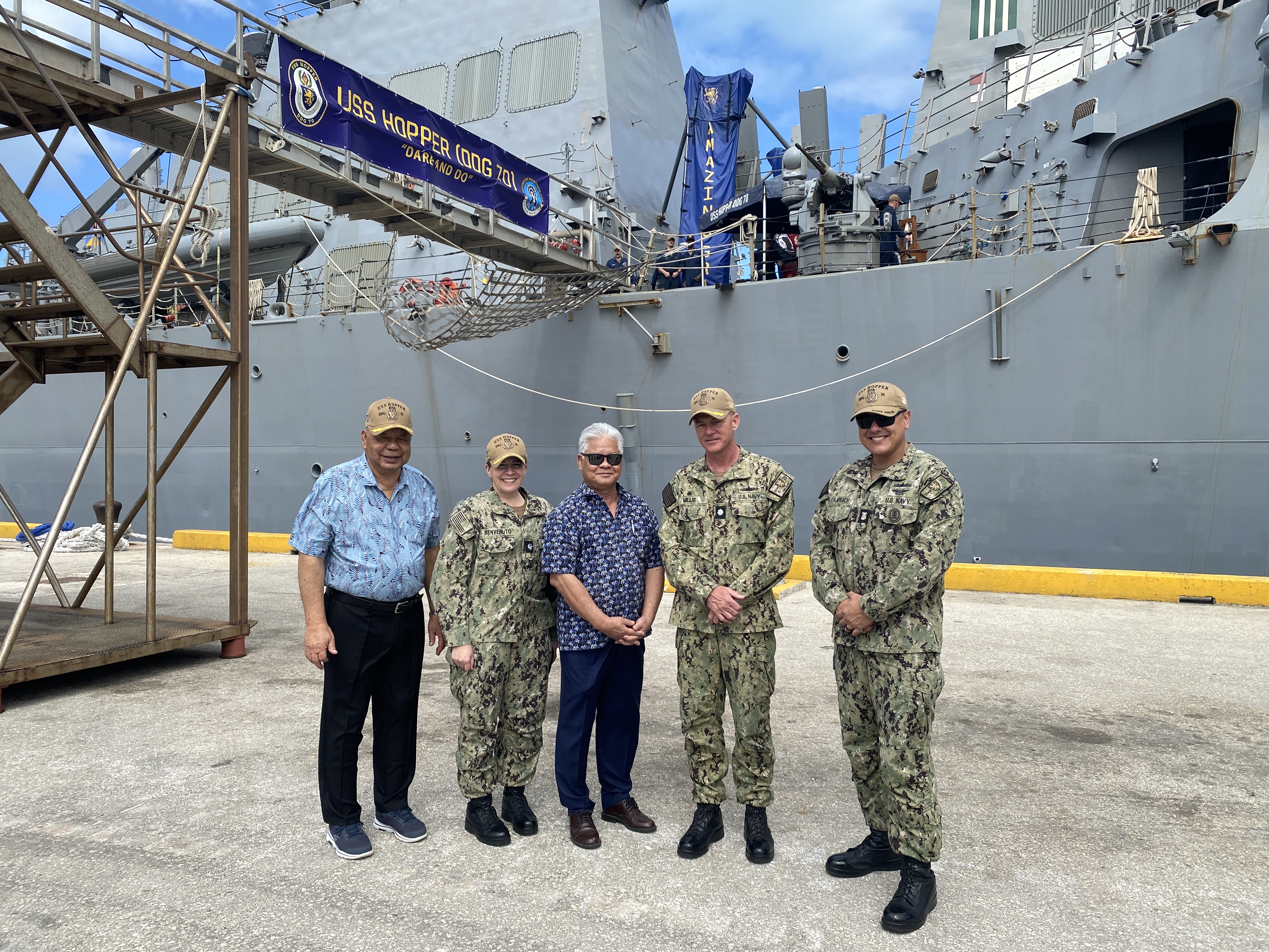Lt. Gov. David M.  Apatang and Gov. Arnold I. Palacios pose for a photo with the USS Hopper’s commanding officer, CDR Corey Millis; executive officer, CDR Andrea Benvenuto; and command master chief, William F. Kalmbach