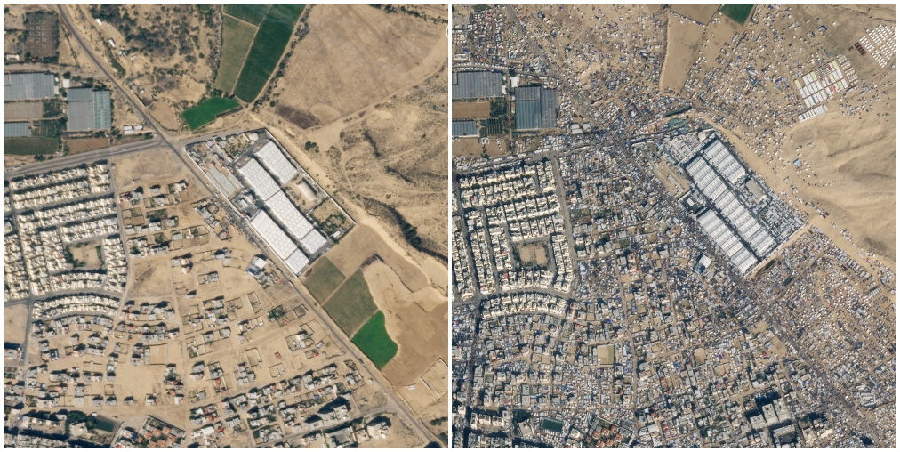 A combination photo shows satellite images of the streets of Rafah before and after the migration of displaced Palestinians to the area, amid the ongoing conflict between Israel and the Palestinian Islamist group Hamas, in Rafah, Gaza, October 15, 2023 (left) and January 14, 2024. 