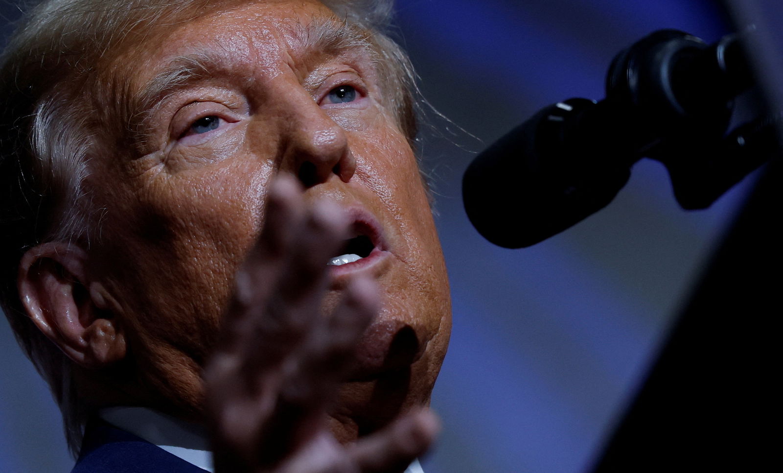 Republican presidential candidate and former U.S. President Donald Trump speaks during his Iowa caucus night watch party in Des Moines, Iowa, U.S., January 15, 2024. 