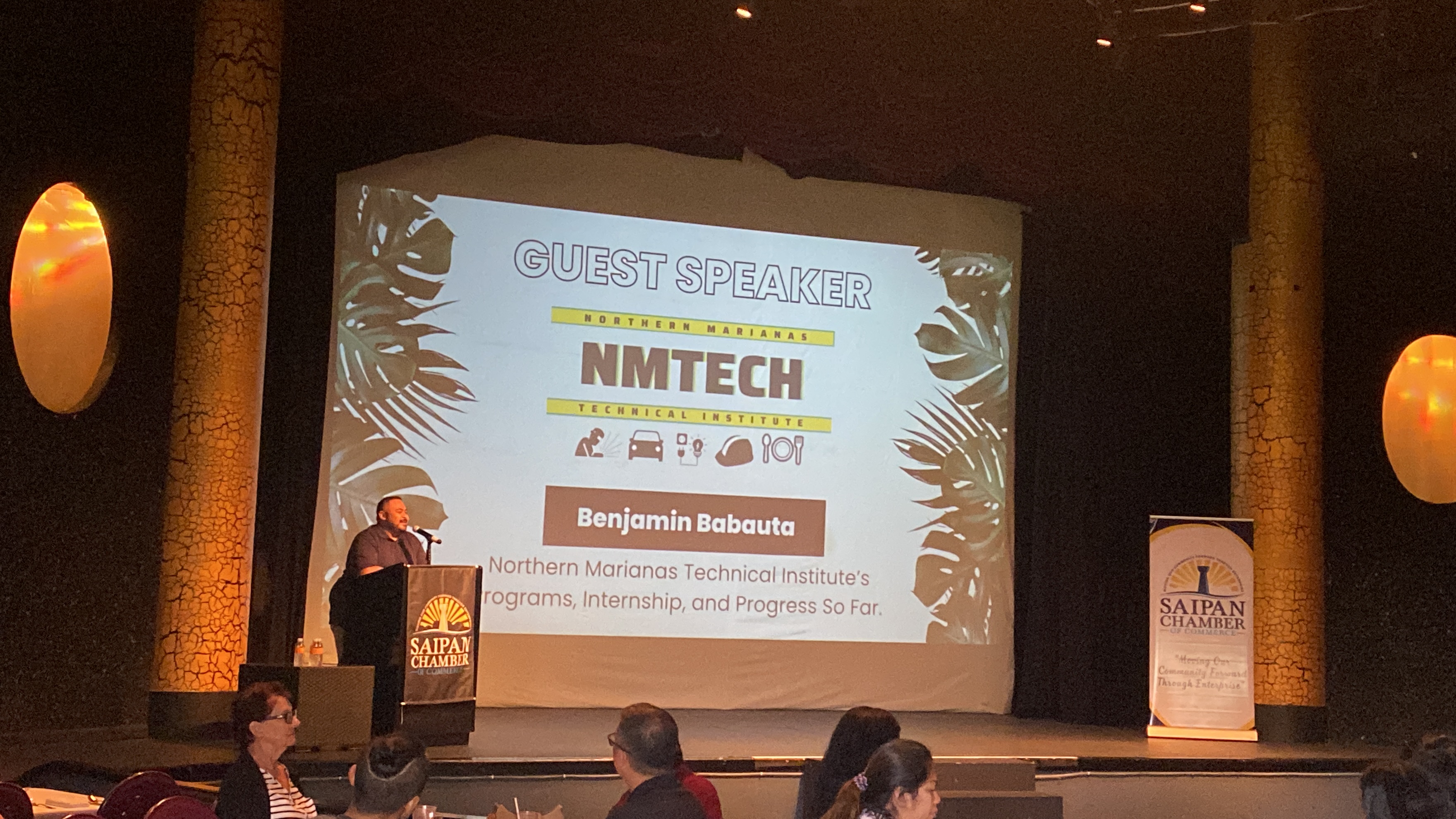 NMTech's Marketing and Outreach Coordinator Ben Babauta speaks at a meeting of the Saipan Chamber of Commerce at the Hyatt on Wednesday.