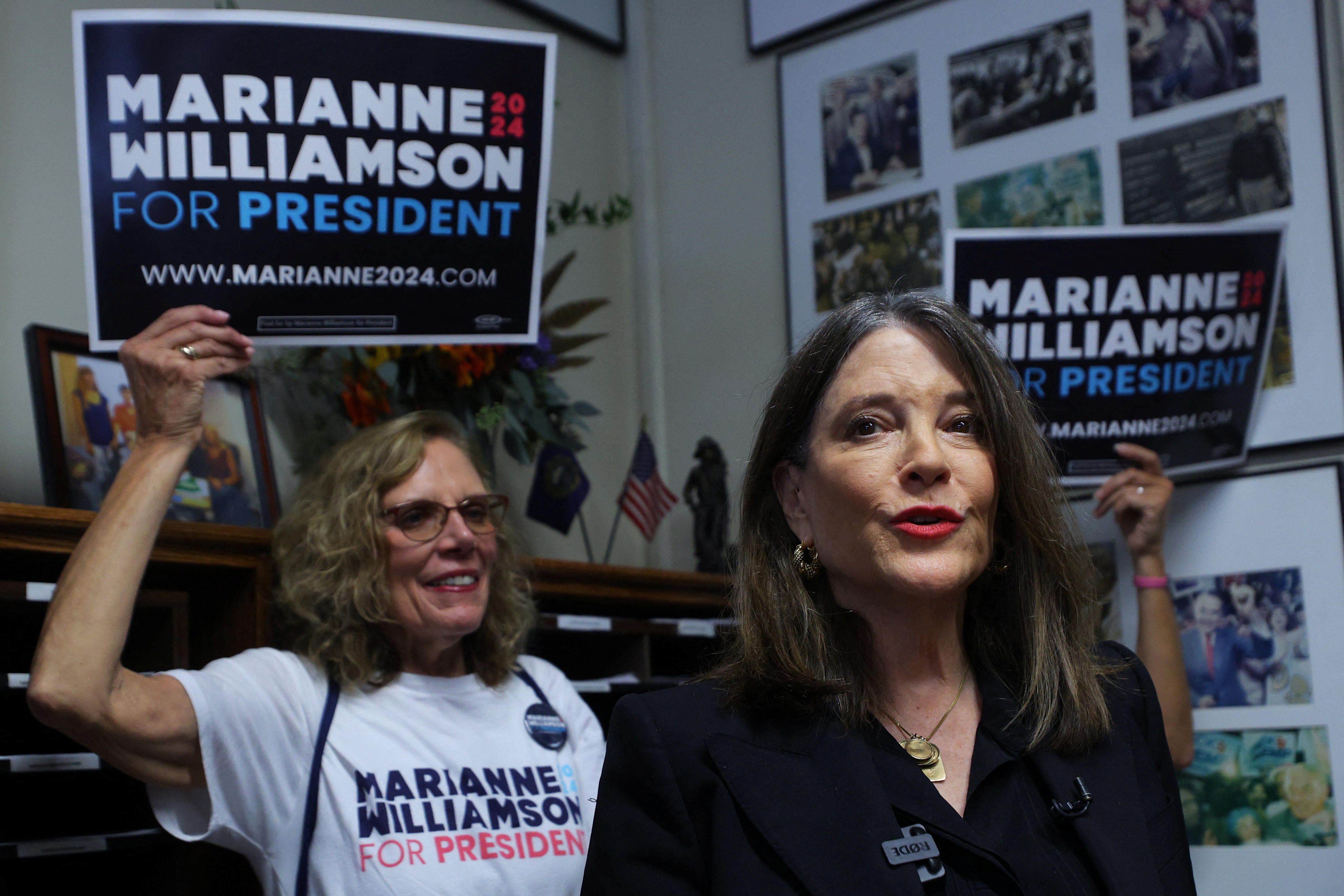Democratic presidential candidate and author Marianne Williamson speaks after filing to put her name on the ballot for the primary election with New Hampshire Secretary of State David Scanlan in Concord, New Hampshire, U.S., October 12, 2023.