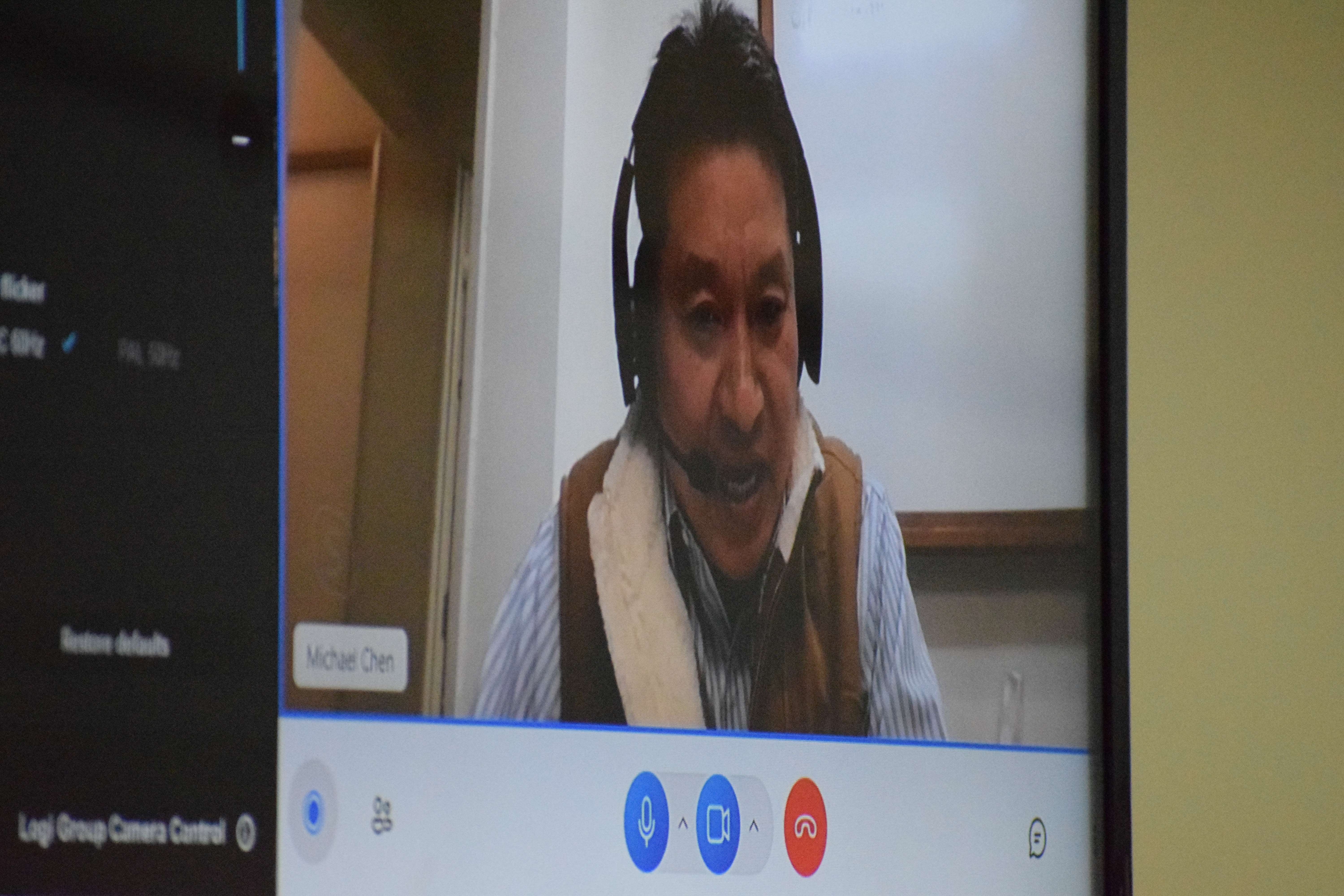 Imperial Pacific International's legal counsel Michael Chen, who is in California, participates in Wednesday’s hearing via Skype.