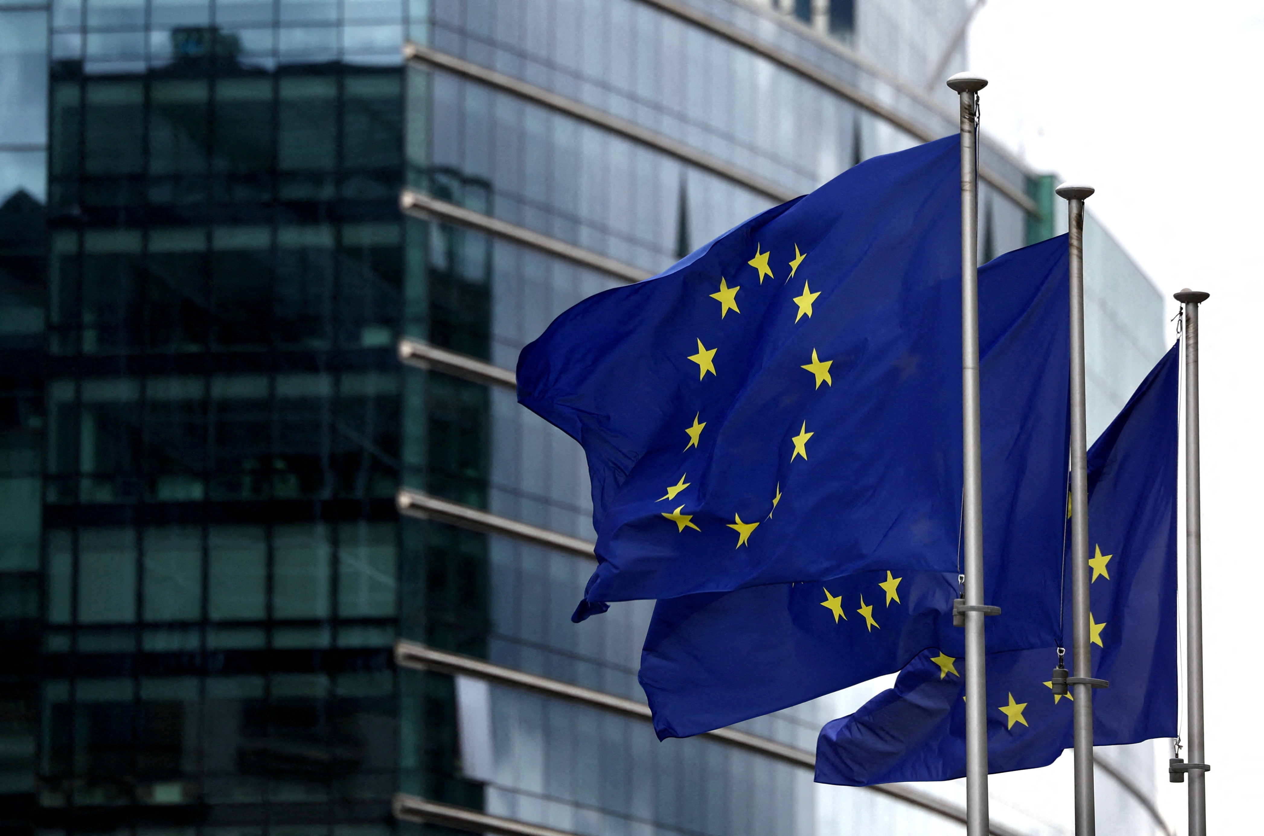 European flags fly outside the European Commission headquarters in Brussels, Belgium September 20, 2023. 