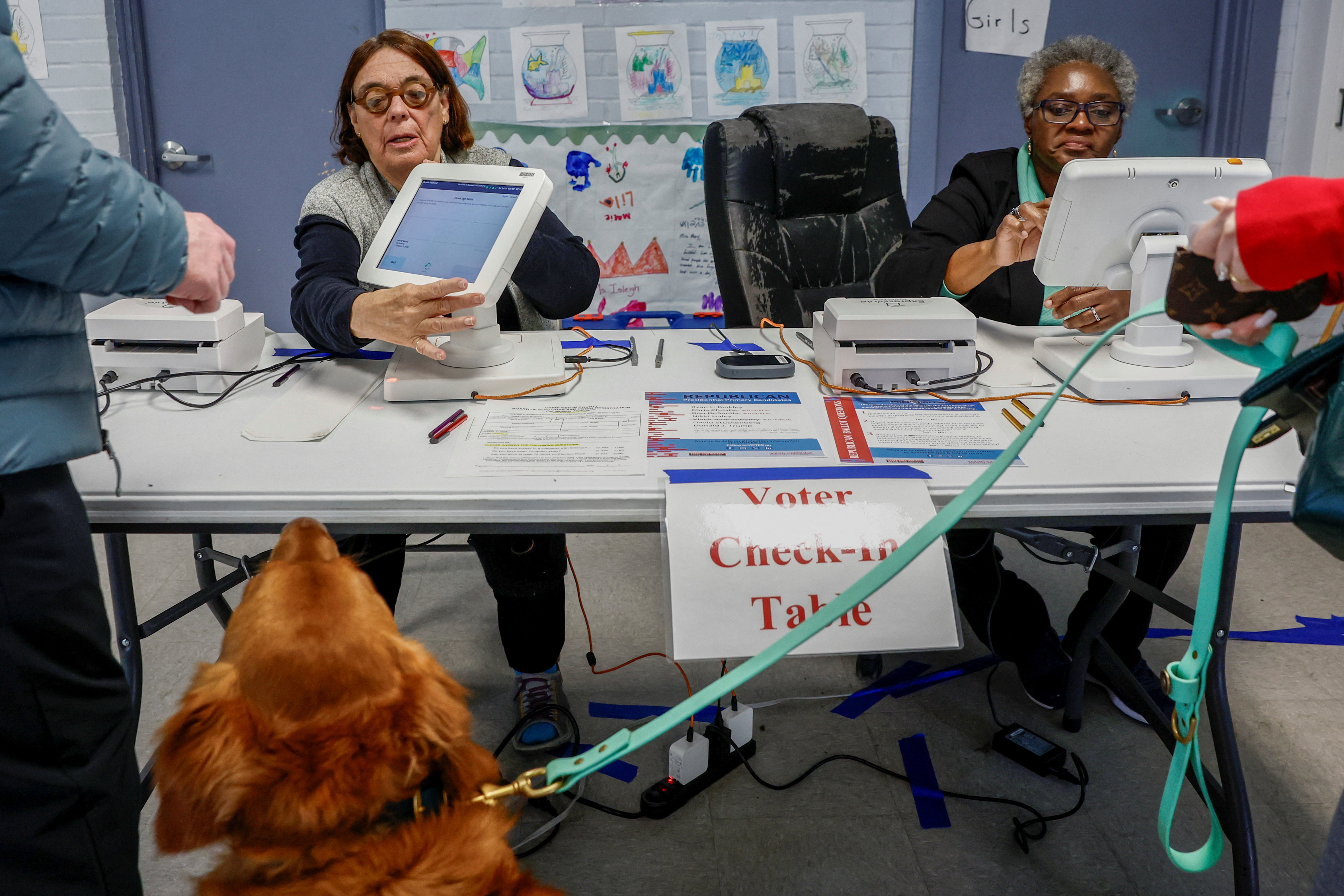 Billy, a dog, sits inside Moultrie Playground as people register to vote in the South Carolina Republican presidential primary election, in Charleston, South Carolina, U.S., February 24. 2024. 