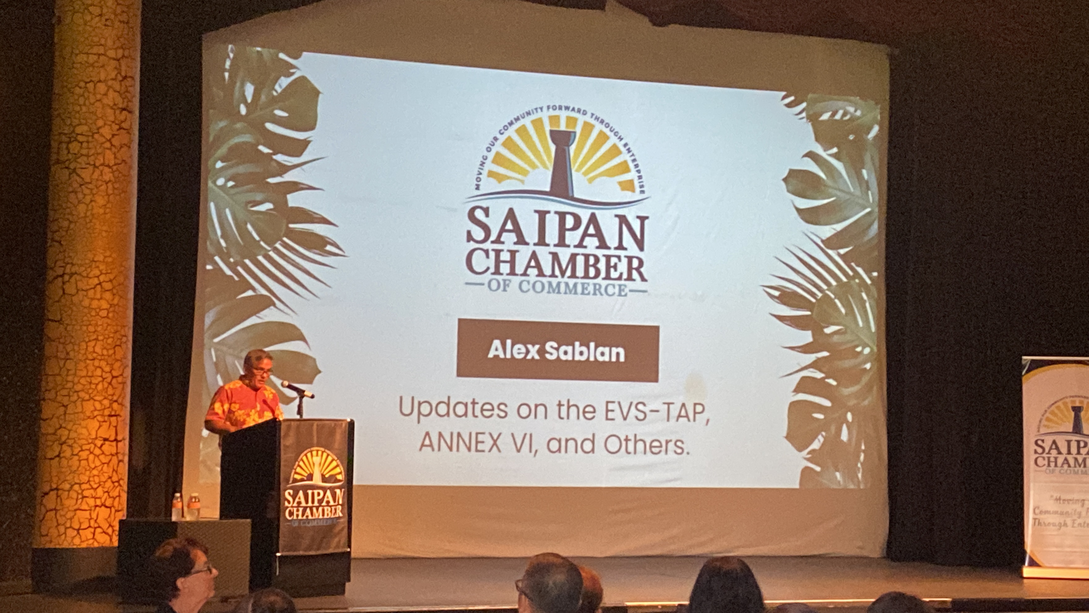 Alex Sablan, board member of the Saipan Chamber of Commerce, speaks during their general membership meeting at the Hyatt on Wednesday.