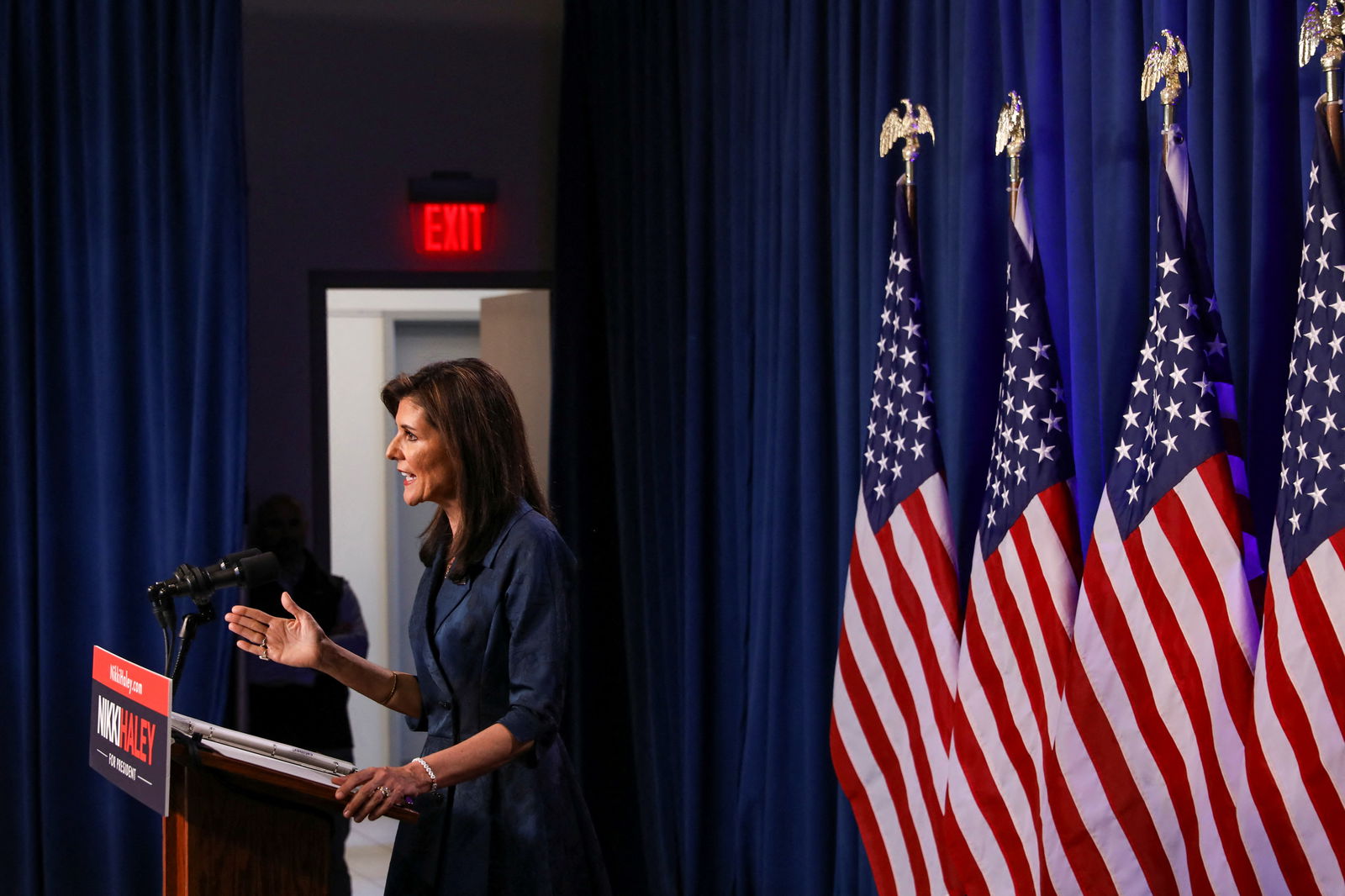 Republican presidential candidate and former U.S. Ambassador to the United Nations Nikki Haley speaks during a campaign stop at the Clemson University in Greenville ONE building, ahead of the Republican presidential primary election, in Greenville, South Carolina, U.S. February 20, 2024. 