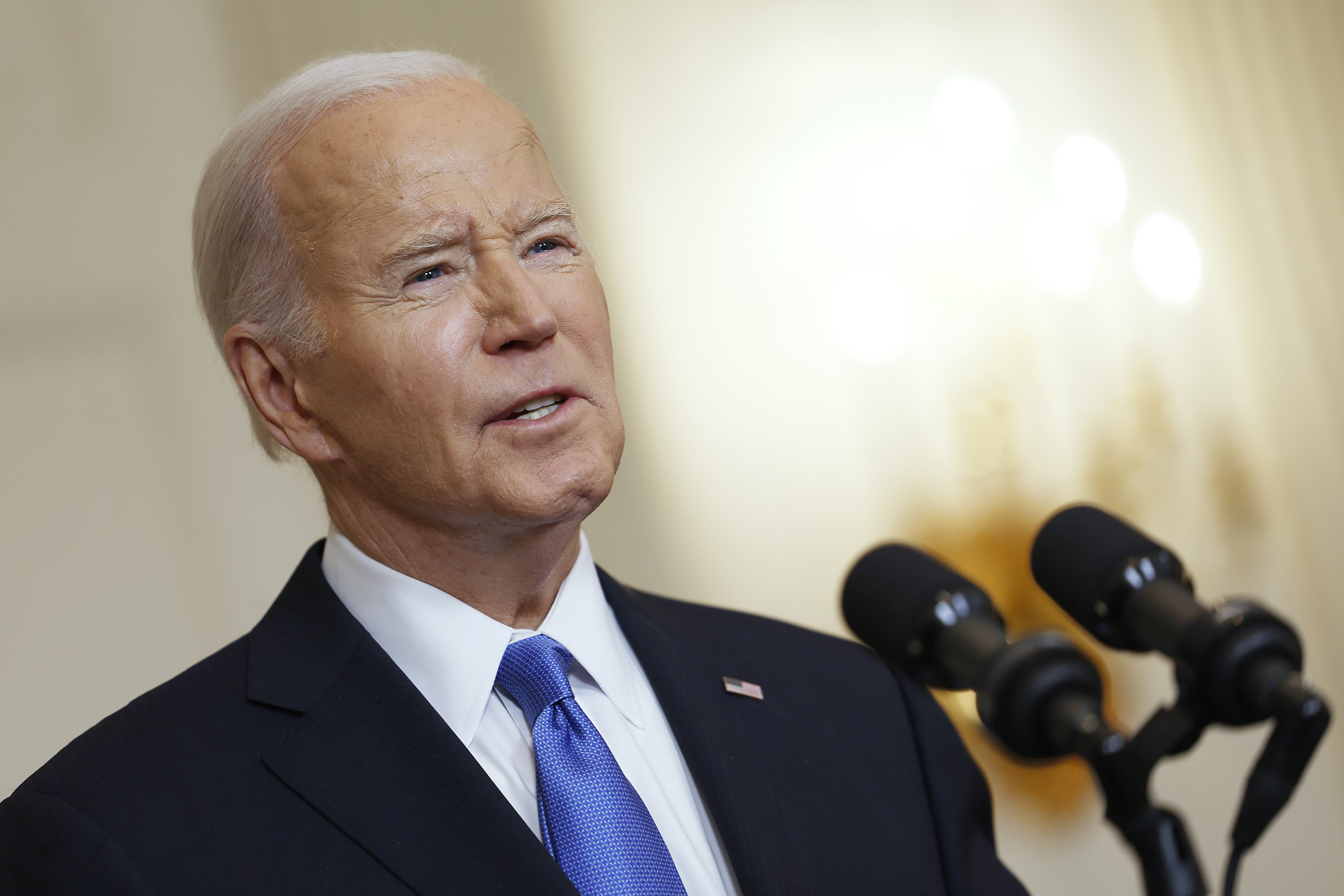 President Joe Biden speaks on the Senate's recent passage of the National Security Supplemental Bill, which provides military aid to Ukraine, Israel and Taiwan, in the State Dining Room of the White House on Feb. 13, 2024, in Washington, D.C. (Anna Moneymaker/Getty Images/TNS)