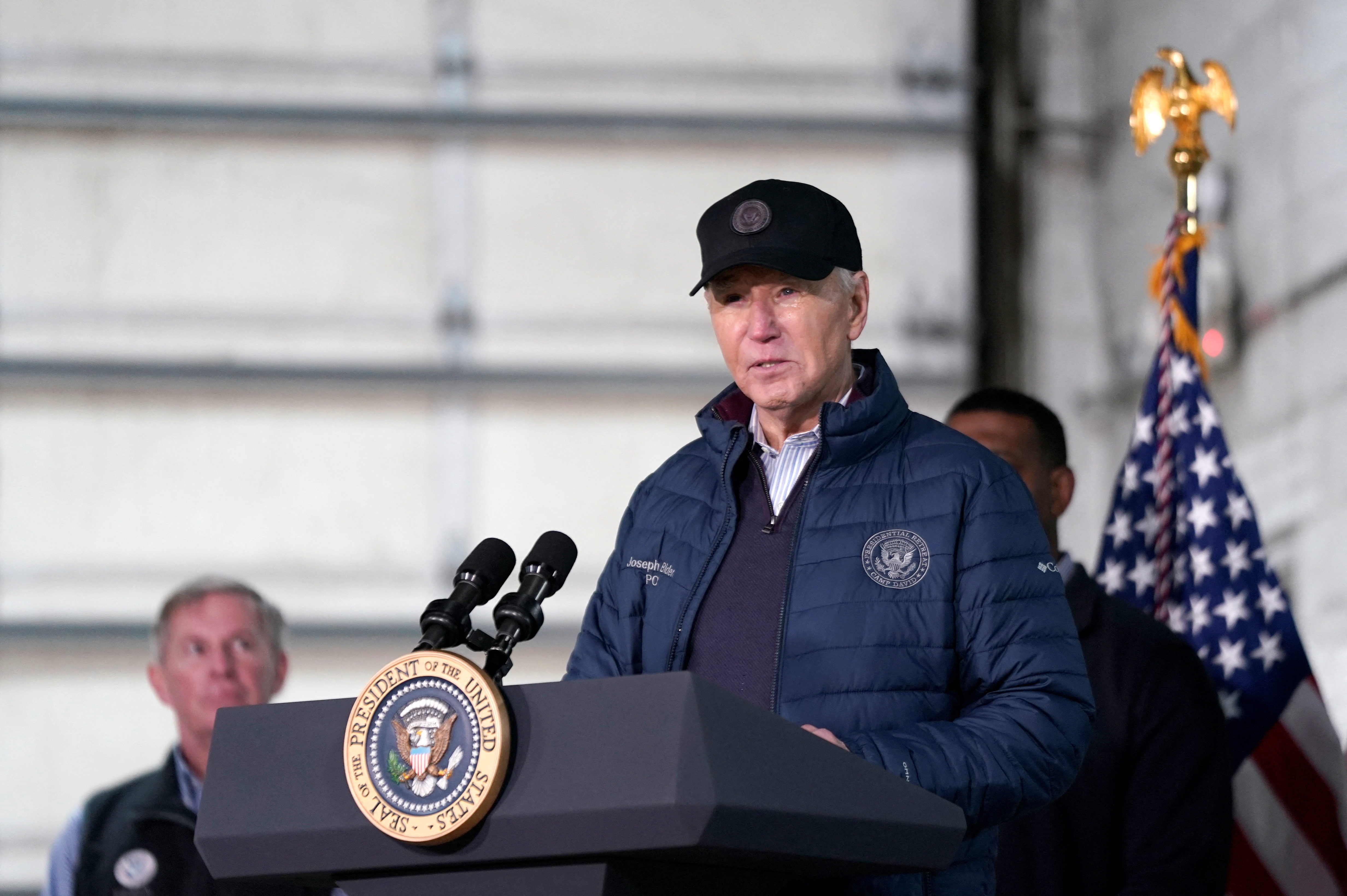 U.S. President Joe Biden delivers remarks during a visit to East Palestine for the first time since a fiery derailment of a Norfolk Southern train a year ago released more than a million gallons of hazardous materials and pollutants, in East Palestine, Ohio, U.S., February 16, 2024. 