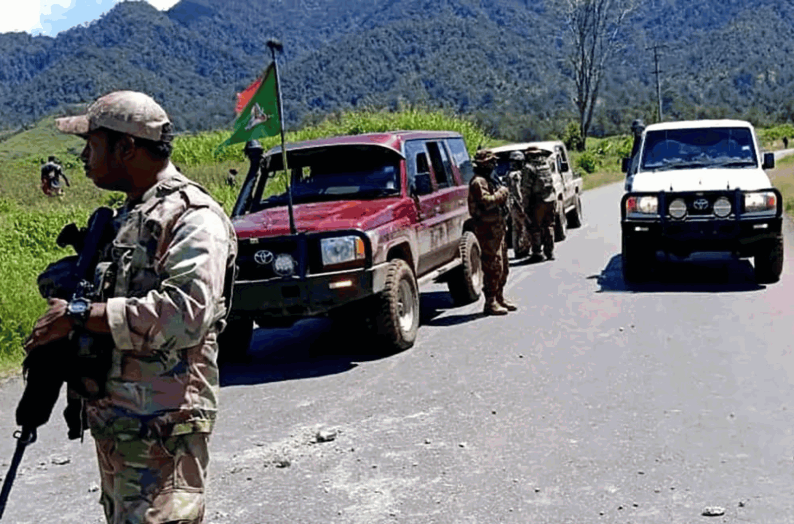 This handout picture released by the Royal Papua New Guinea Constabulary on February 19, 2024 shows officials patrolling near the town of Wabag, 600 kilometers northwest of the capital Port Moresby. 