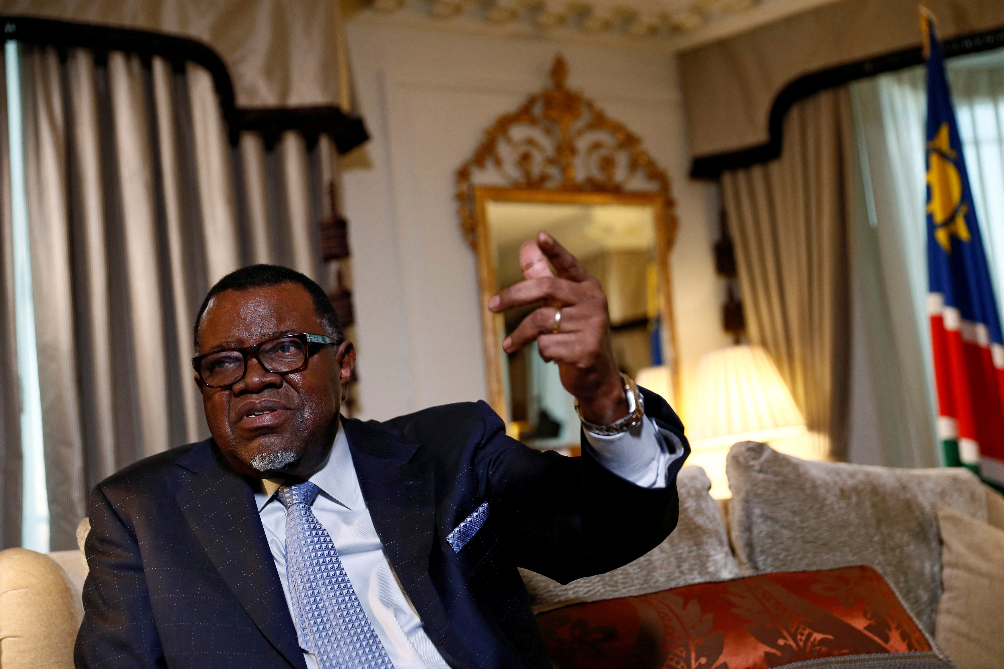 President Hage Geingob of Namibia gestures during an interview with Reuters in central London, Britain December 1, 2016. 