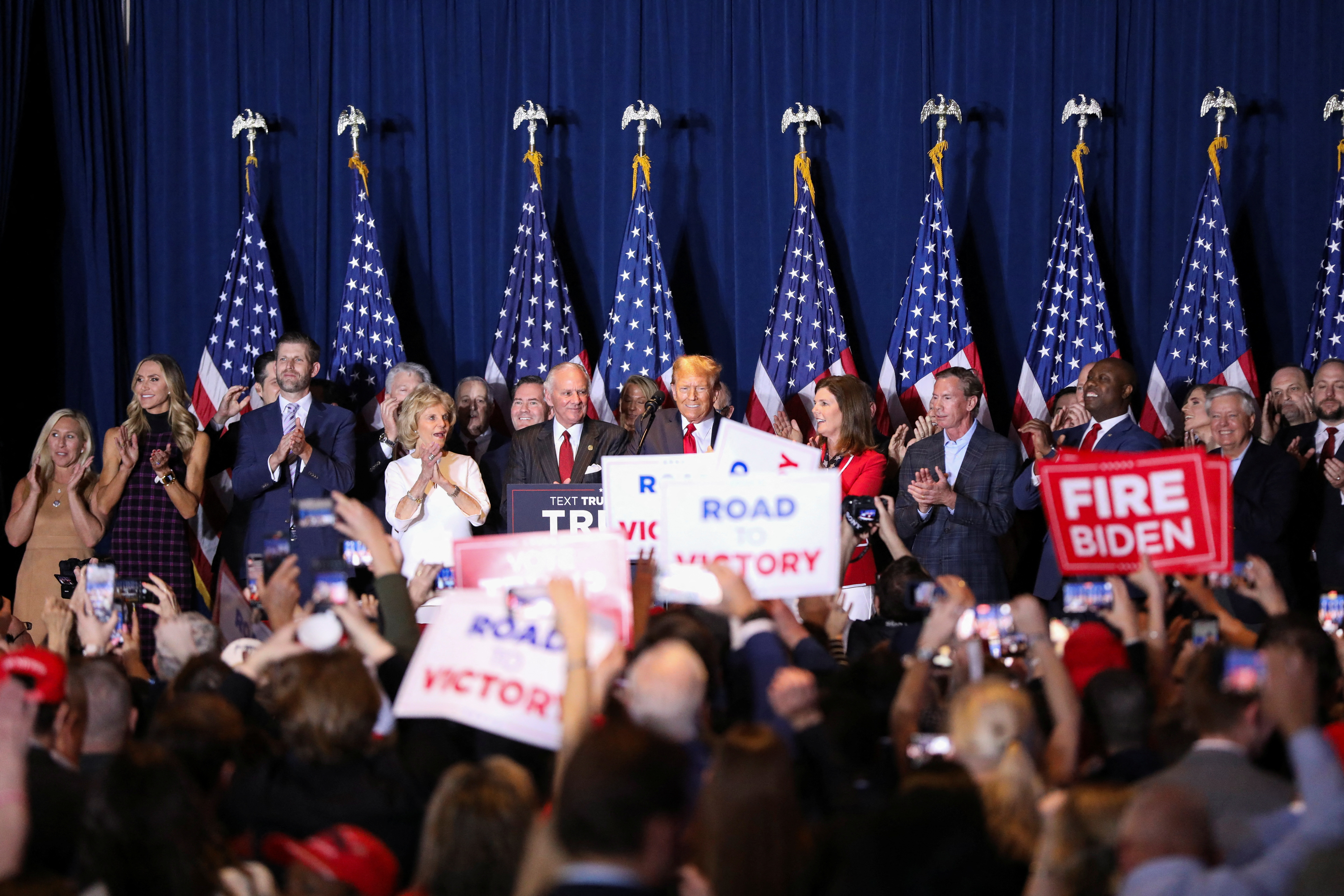 Republican presidential candidate and former U.S. President Donald Trump hosts a South Carolina Republican presidential primary election night party in Columbia, South Carolina, U.S. February 24, 2024. 