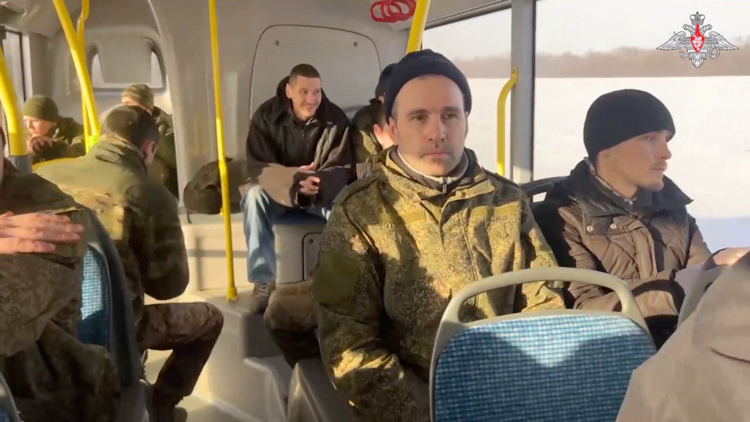 A still image from video, released by the Russian Defense Ministry, shows what it said to be captured Russian service personnel in a bus following the latest exchange of prisoners of war at an unknown location in the course of Russia-Ukraine conflict, in this image taken from handout footage released January 31, 2024. 