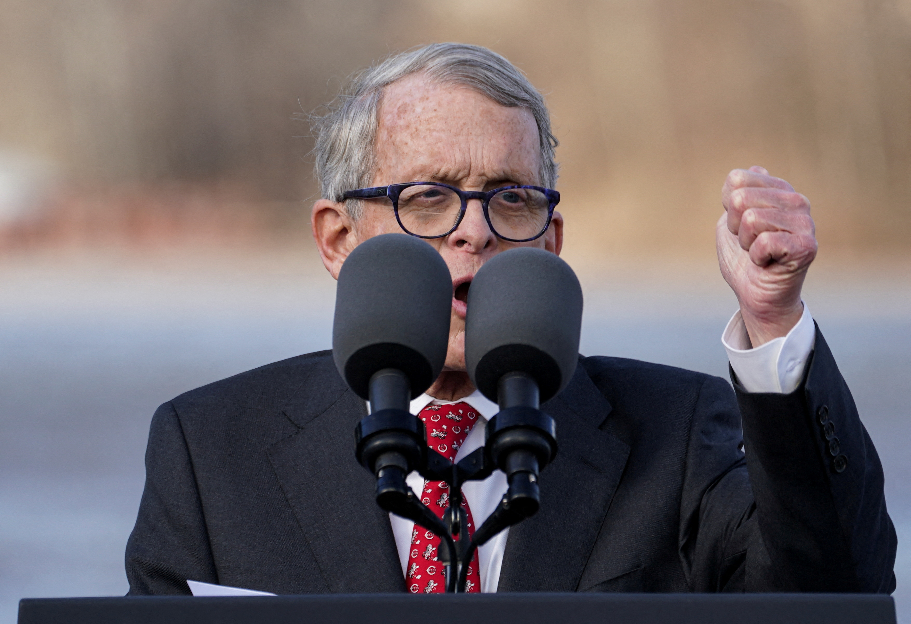 Ohio Governor Mike DeWine speaks during an event to tout the new Brent Spence Bridge over the Ohio River between Covington, Kentucky and Cincinnati, in Covington, Kentucky, U.S., January 4, 2023. 
