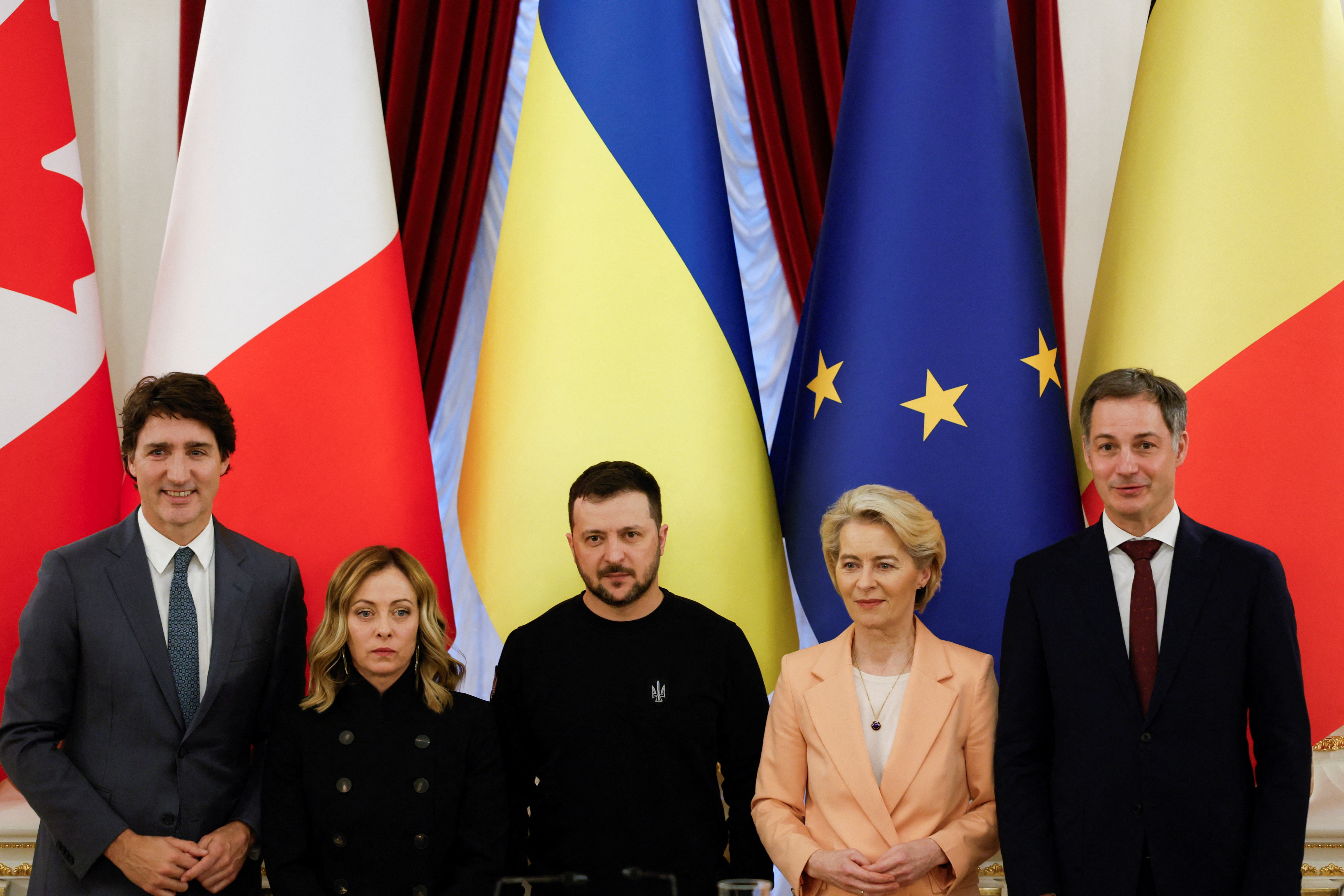 Ukraine's President Volodymyr Zelenskiy, European Commission President Ursula von der Leyen, Belgium's Prime Minister Alexander De Croo, Italian Prime Minister Giorgia Meloni, Canada's Prime Minister Justin Trudeau attend a joint press conference, on the second anniversary of the full scale Russian invasion, amid Russia's attack on Ukraine, in Kyiv, Ukraine February 24, 2024. 