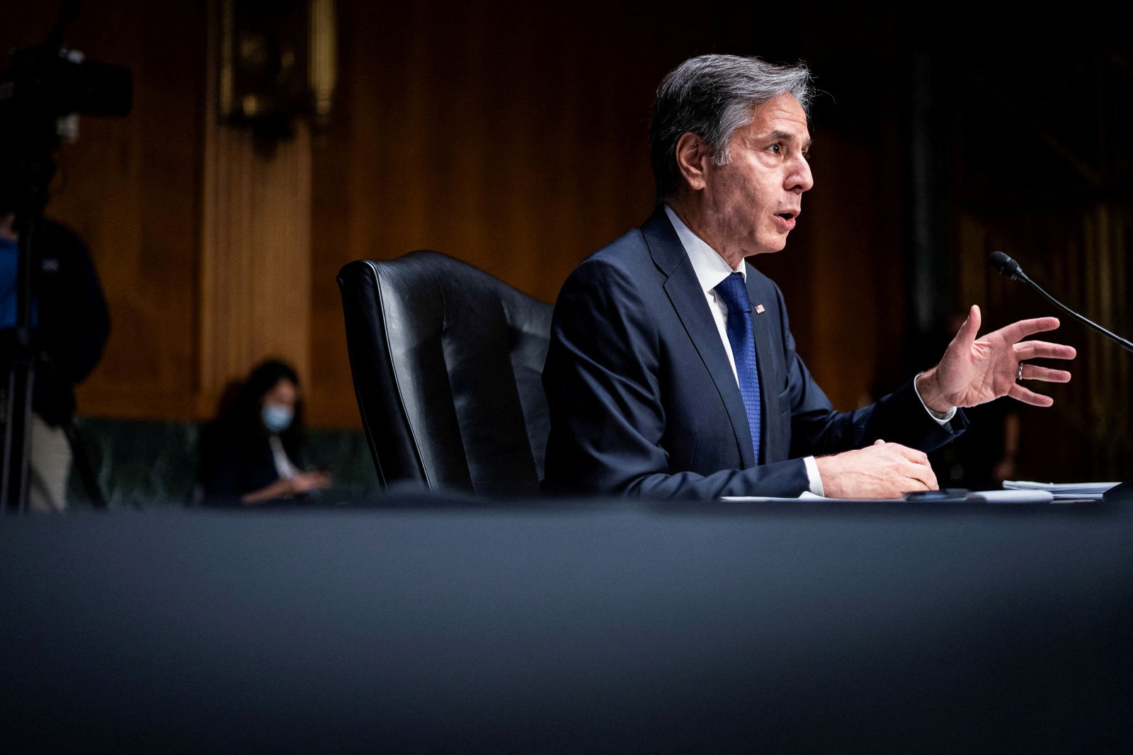 FILE PHOTO: U.S. Secretary of State Antony Blinken testifies during a Senate Foreign Relations Committee hearing to examine the United States' withdrawal from Afghanistan on Capitol Hill, in Washington, U.S., September 14, 2021. 