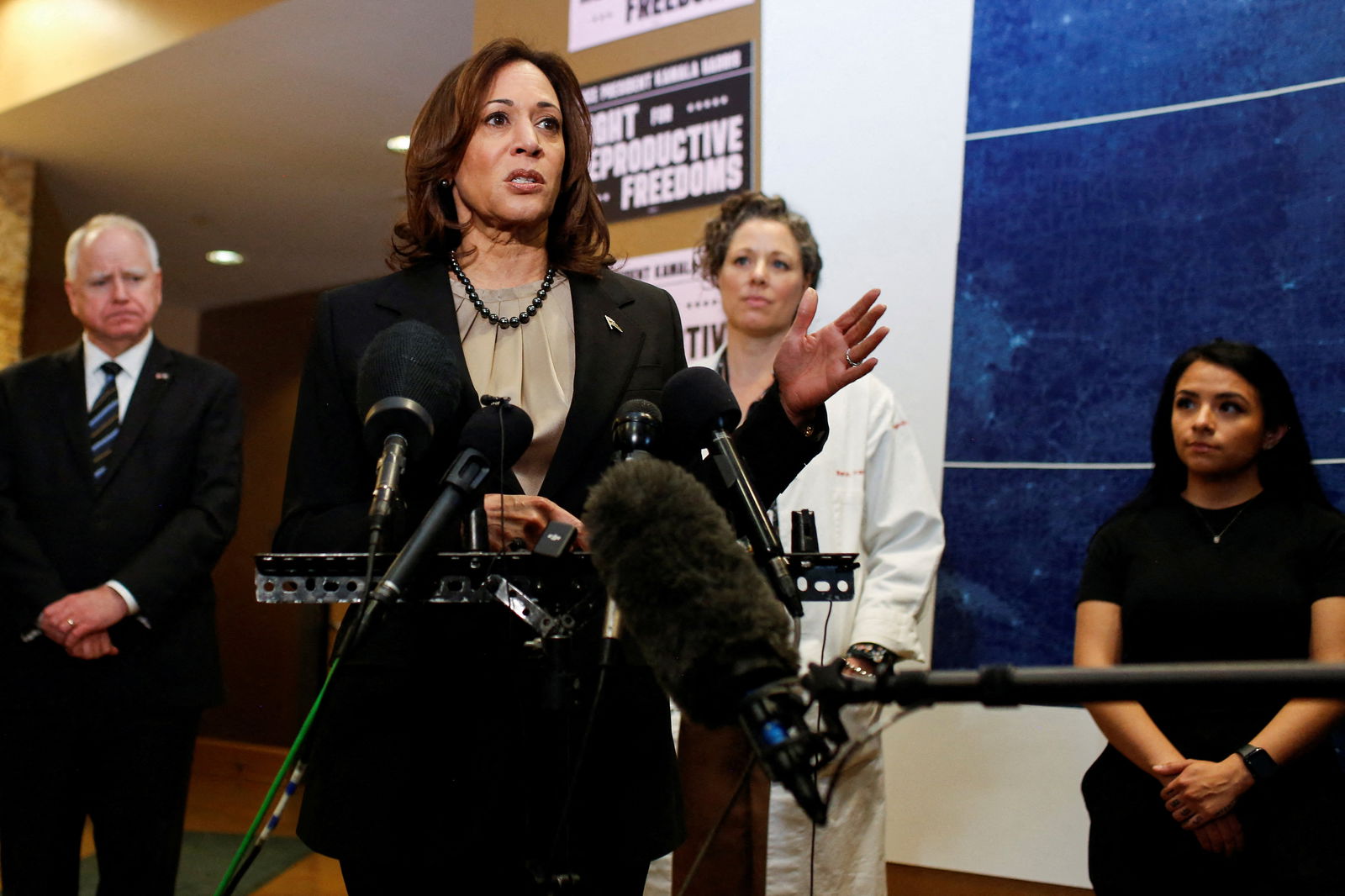U.S. Vice President Kamala Harris speaks during a visit to the St. Paul Health Center, a clinic that performs abortions, in St. Paul, Minnesota, U.S., March 14, 2024. 