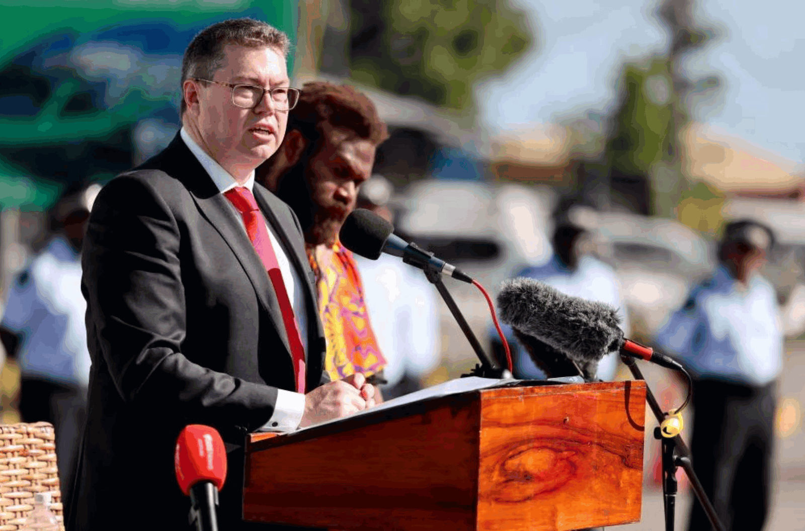 Australian Minister for International Development and the Pacific, and the Minister for Defense Industry, Pat Conroy speaking at the Solomon Scouts and Coast watchers commemorative service to mark the 80th anniversary of the Battle of Guadalcanal in Honiara on Solomon Islands in August 2022. 
