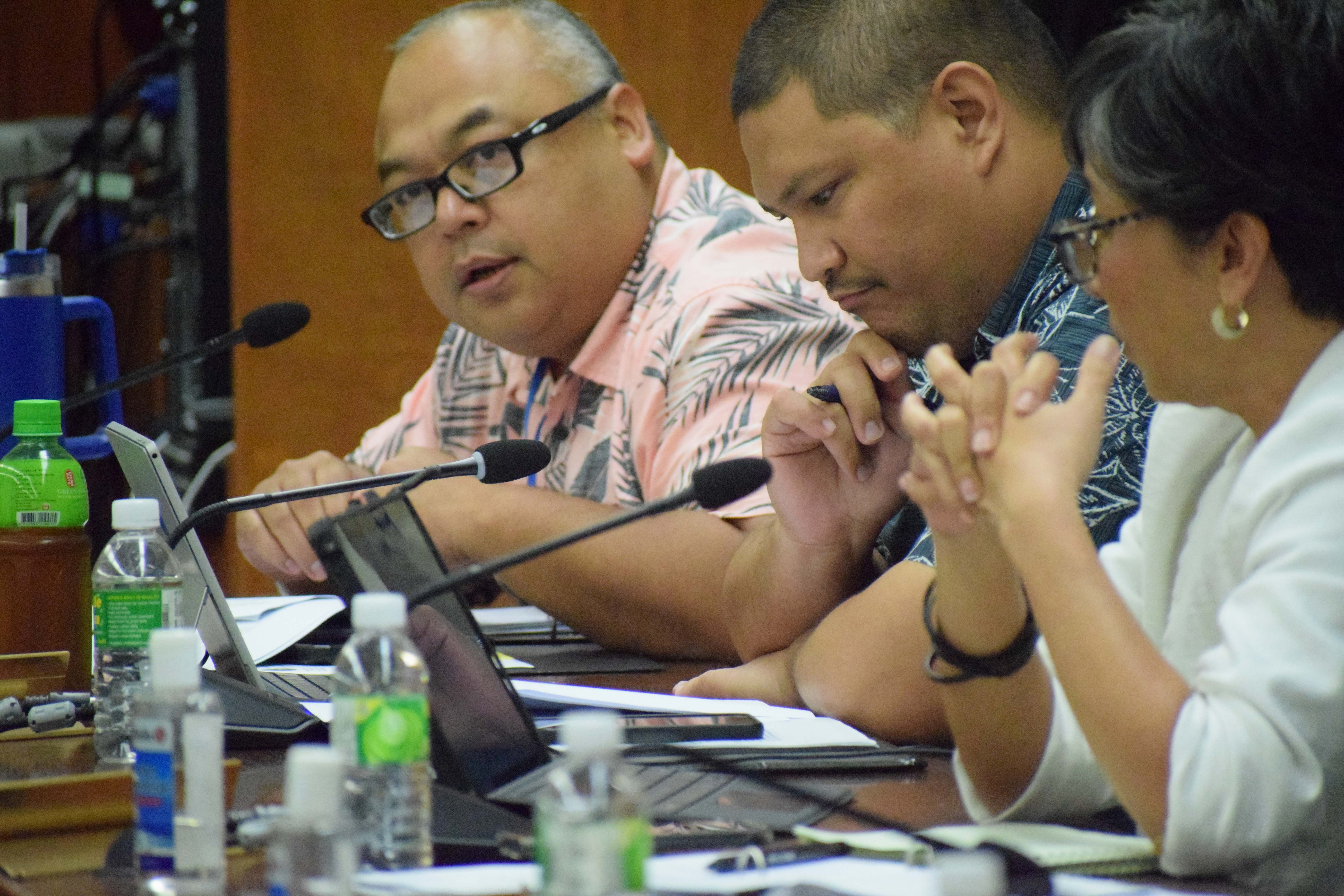 Rep. Blas Jonathan Attao, left, speaks during a House Special Committee on Federal Assistance and Disaster-Related Funding meeting earlier this month.