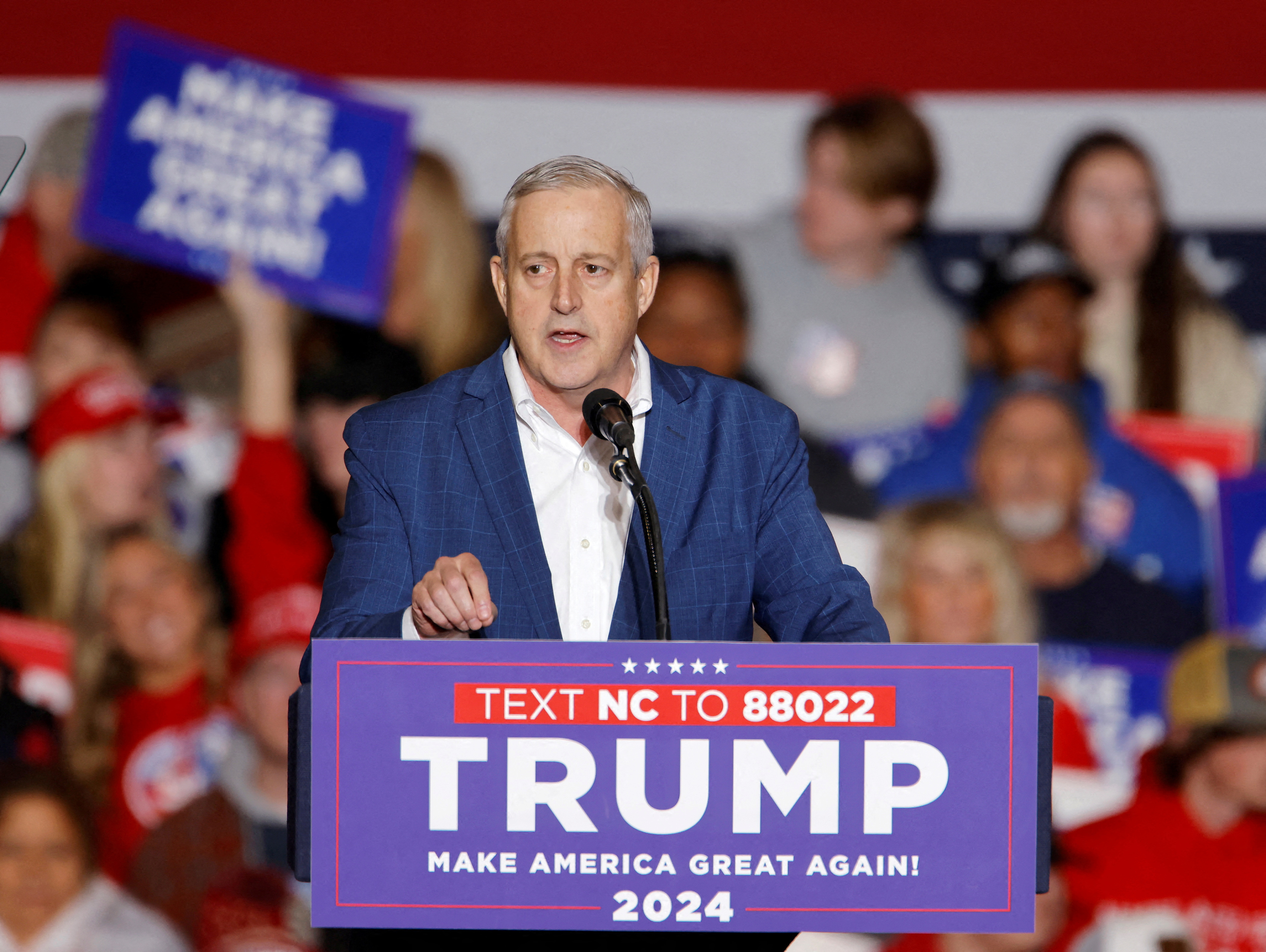 FILE PHOTO: North Carolina Republican Party chairman Michael Whatley, who became chair of the Republican National Committee on March 8 with the support of presidential canidate and former President Donald Trump, speaks before Trump's arrival for a rally in Greensboro, North Carolina, U.S., March 2, 2024. 