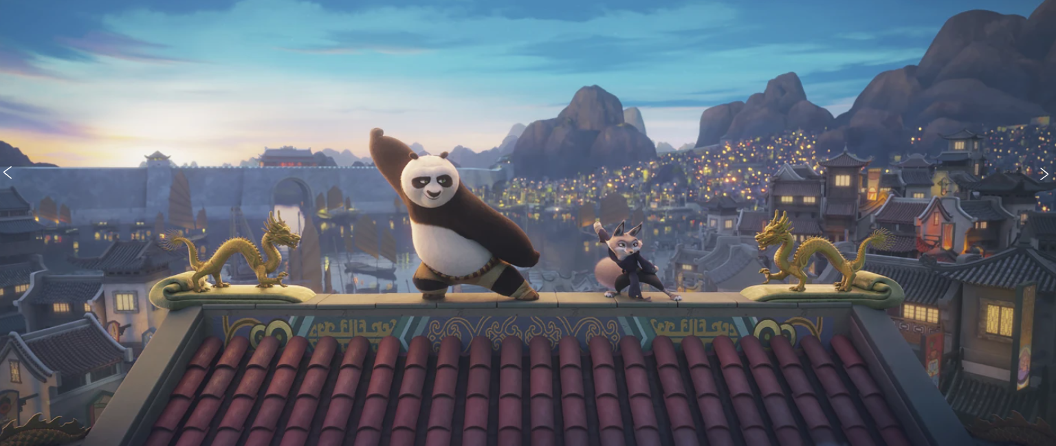 Po, voiced by Jack Black, left, and Zhen, voiced by Awkwafina, in a scene from “Kung Fu Panda 4.”