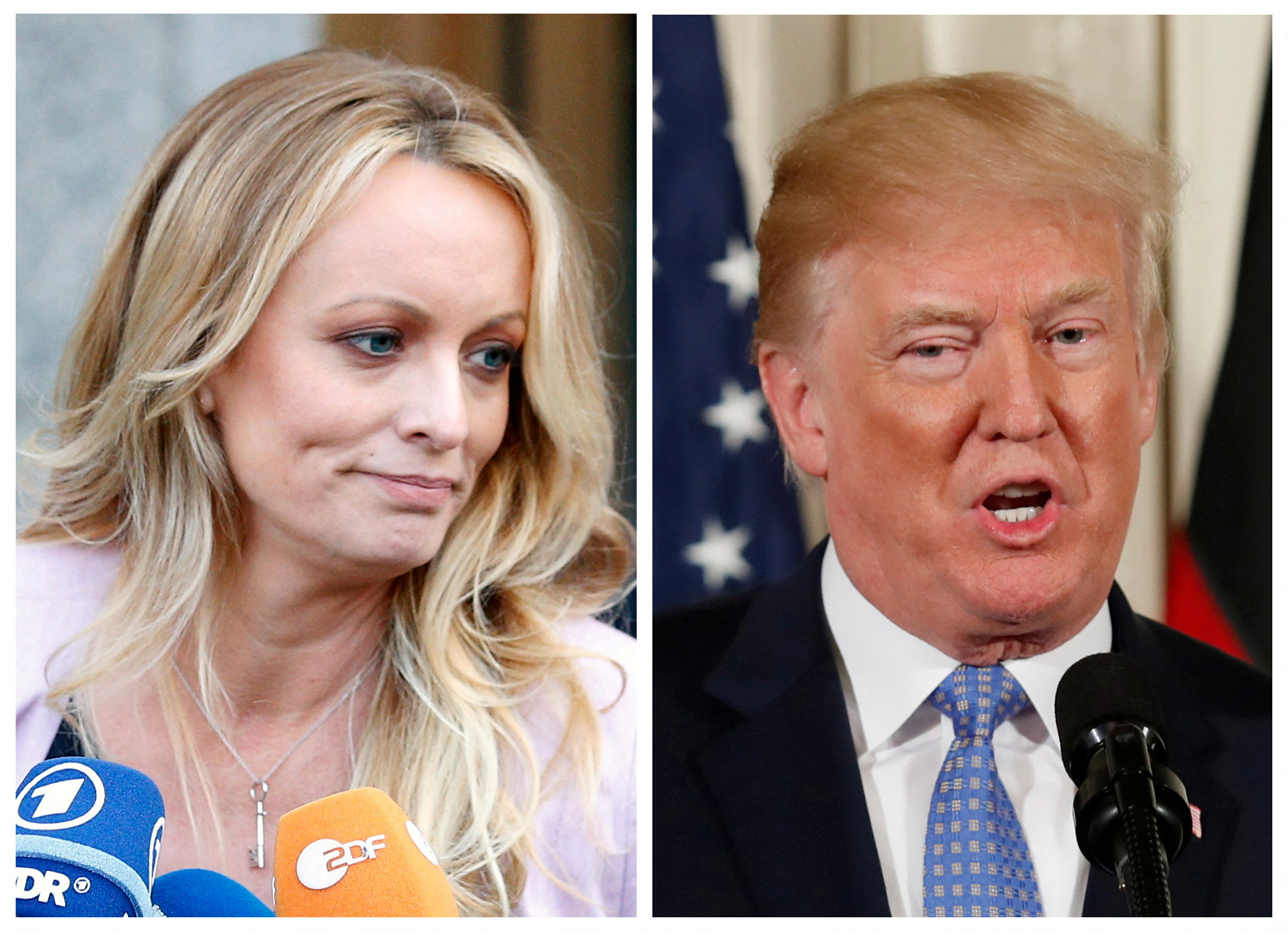 FILE PHOTO: A combination photo shows adult film actress Stephanie Clifford, also known as Stormy Daniels speaking in New York City, and then- U.S. President Donald Trump speaking in Washington, Michigan, U.S. on April 16, 2018 and April 28, 2018 respectively. 