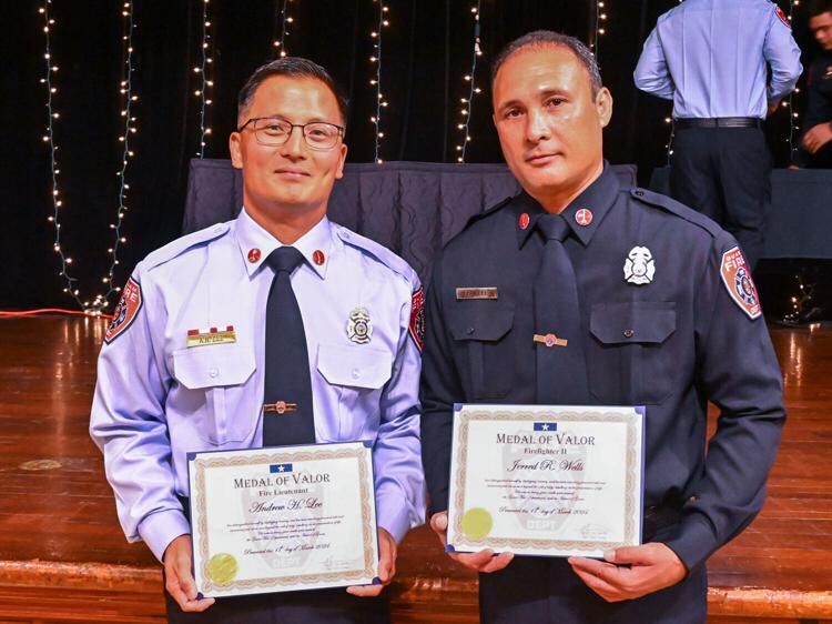 Guam Fire Department Lt. Andrew Lee and Firefighter Jerred Wells were awarded the Medal of Valor at the GFD 39th Anniversary Dinner on Sunday, March 17, 2024, at the Hilton Guam Resort & Spa in Tumon. 