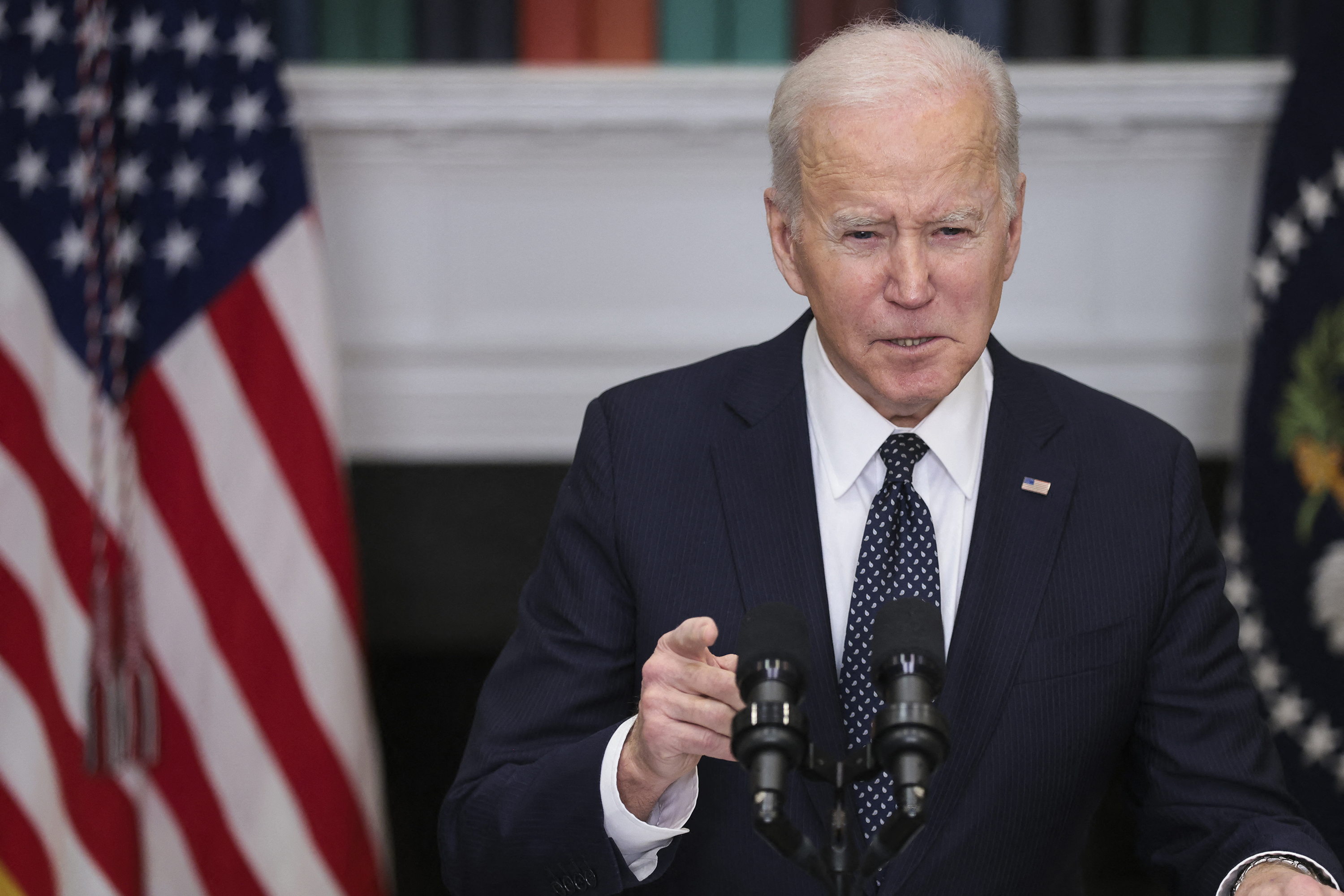 President Joe Biden talks to news media from the Roosevelt Room of the White House on Feb. 18, 2022, in Washington, DC. (Oliver Contrearas/Pool/Abaca Press/TNS)