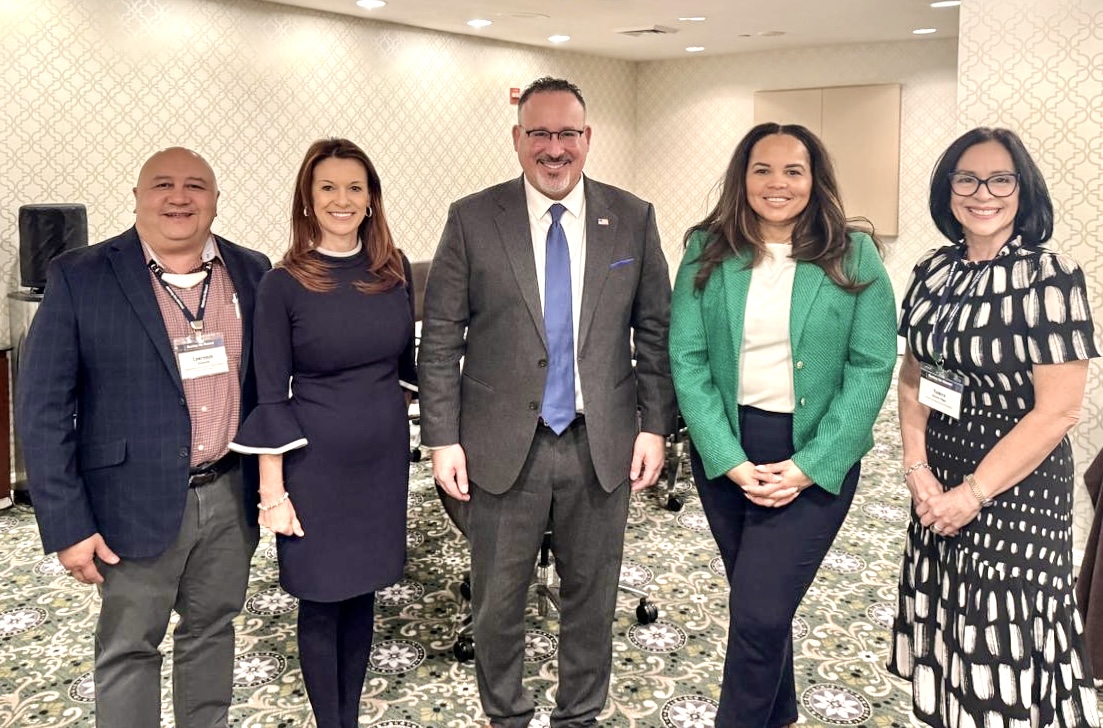 U.S. Secretary of Education Miguel Angel Cardona, center, with CNMI Public School System Commissioner of Education Dr. Lawrence F. Camacho, left, and key officials of the Council of Chief State School Officers, who include past CCSSO President Kirsten Baesler of Northern Dakota and Superintendent Dr. Christina Grant of the District of Columbia. The CCSSO is the organization of the nation’s elementary and secondary education department heads.