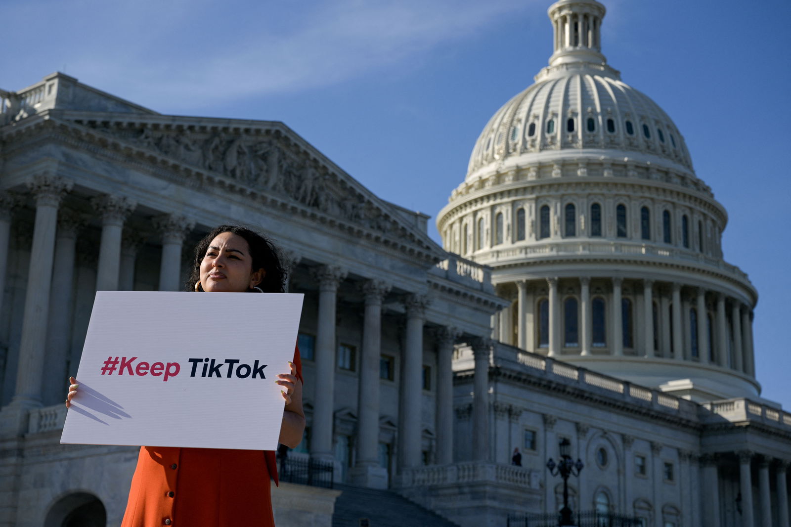 Giovanna Gonzalez of Chicago demonstrates outside the U.S. Capitol following a press conference by TikTok creators to voice their opposition to the “Protecting Americans from Foreign Adversary Controlled Applications Act," pending crackdown legislation on TikTok in the House of Representatives, on Capitol Hill in Washington, U.S., March 12, 2024. 