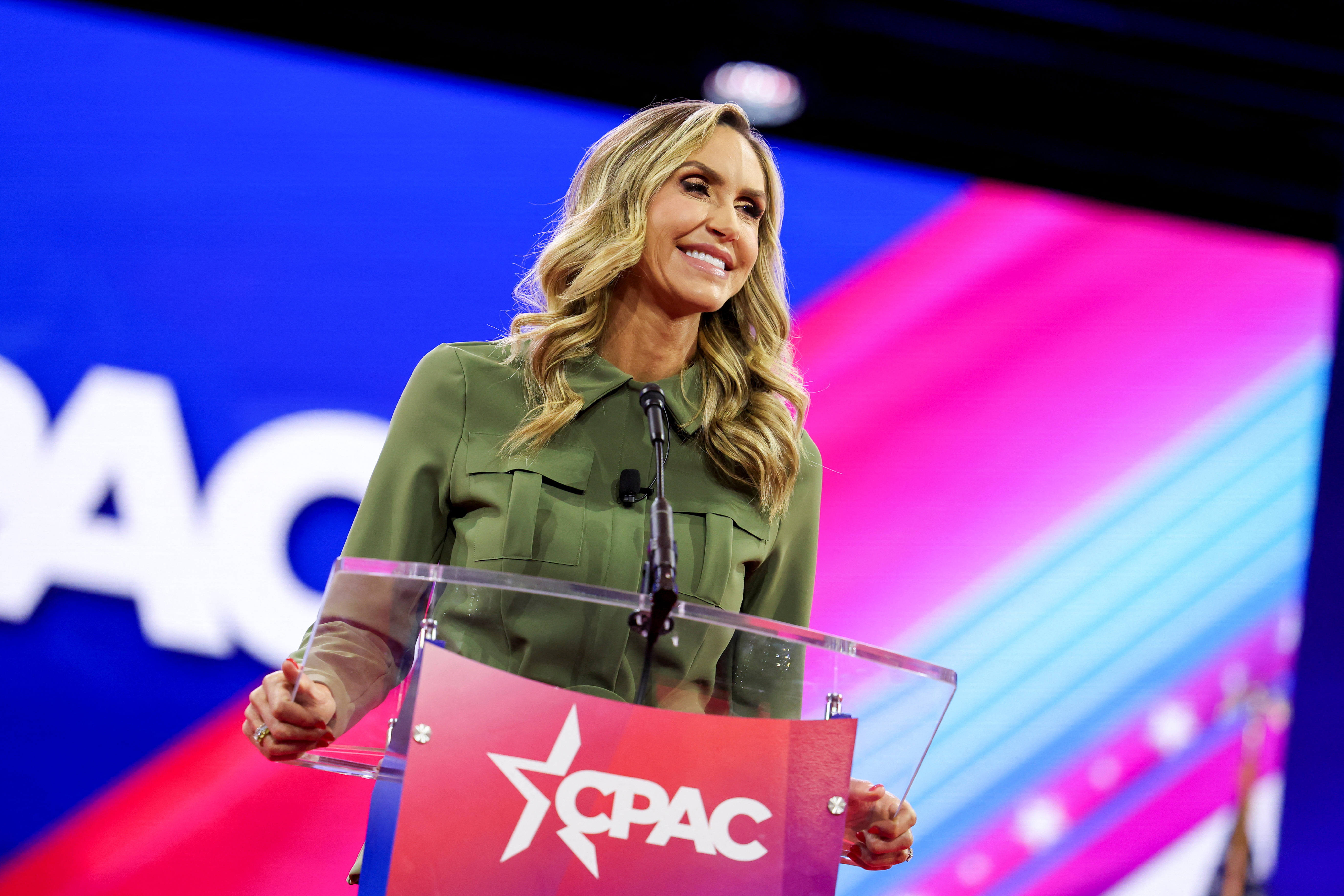 FILE PHOTO: Lara Trump looks on as she speaks, at the Conservative Political Action Conference (CPAC) annual meeting in National Harbor, Maryland, U.S., February 22, 2024. 