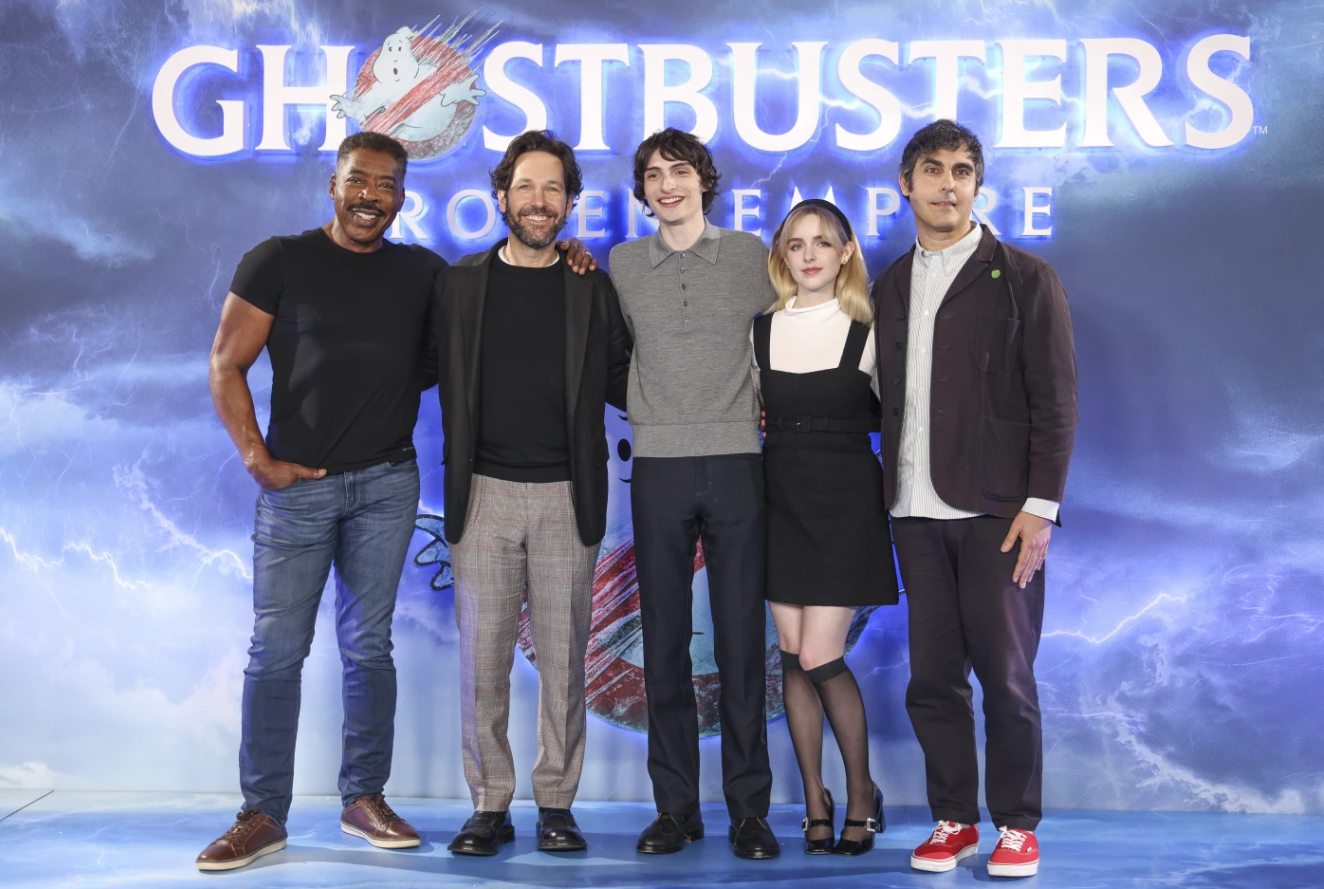 From left, Ernie Hudson, Paul Rudd, Finn Wolfhard, McKenna Grace and director Gil Kenan pose for photographers at the photo call for the film “Ghostbusters: Frozen Empire” on March 21, 2024.