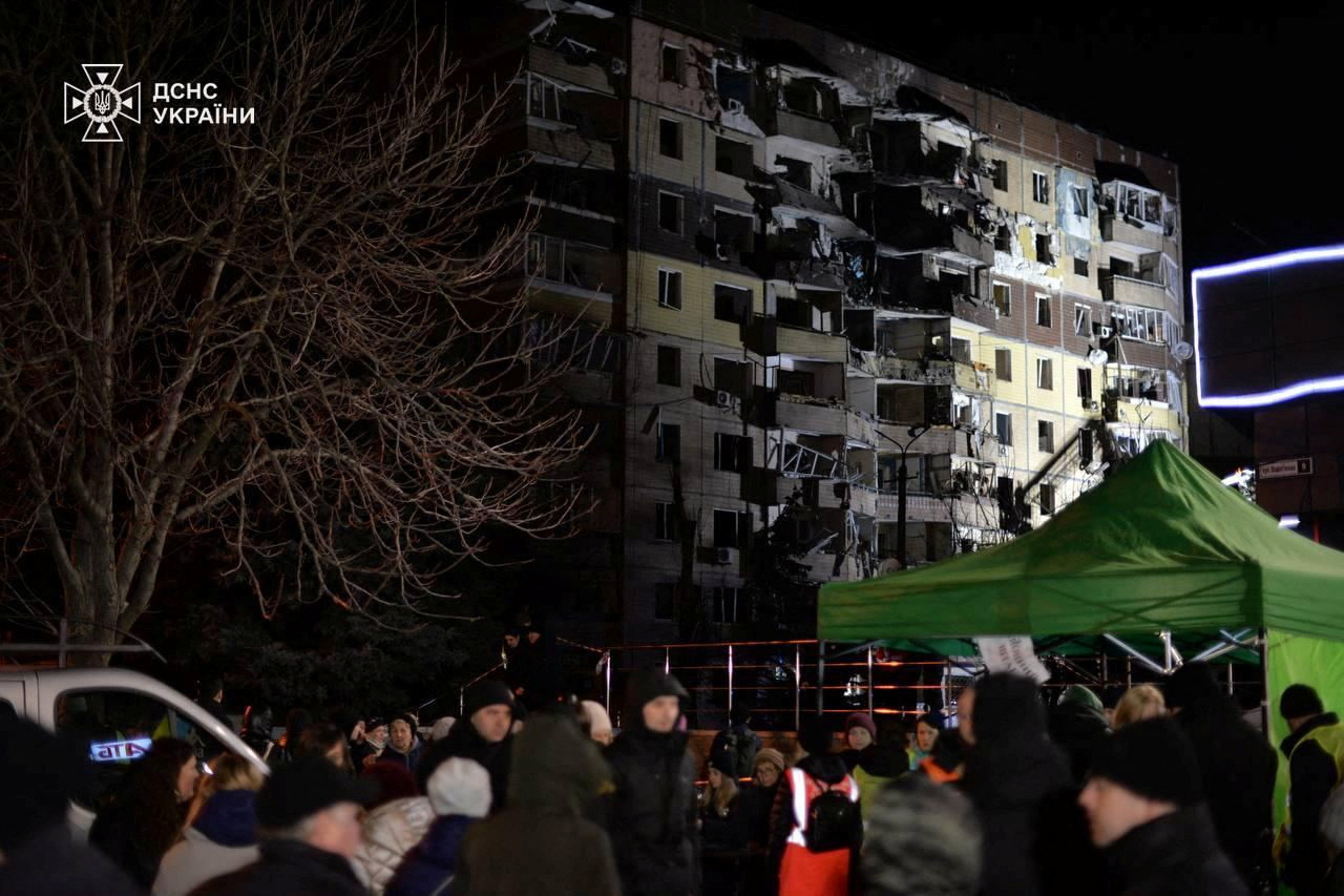 View of the damage on a building after a Russian missile slammed into two apartment buildings in the central Ukrainian city of Kryvyi Rih, March 12, 2024. 