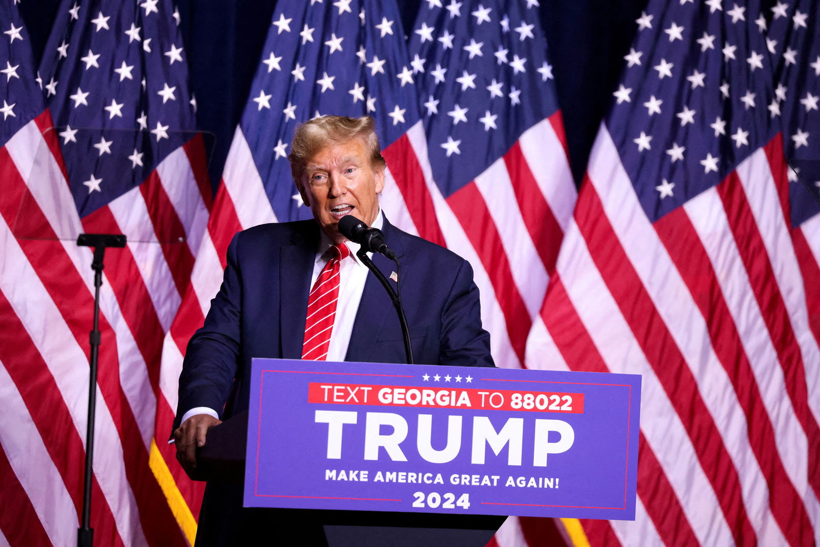 FILE PHOTO: Republican presidential candidate and former U.S. President Donald Trump speaks during a campaign rally at the Forum River Center in Rome, Georgia, U.S. March 9, 2024. 